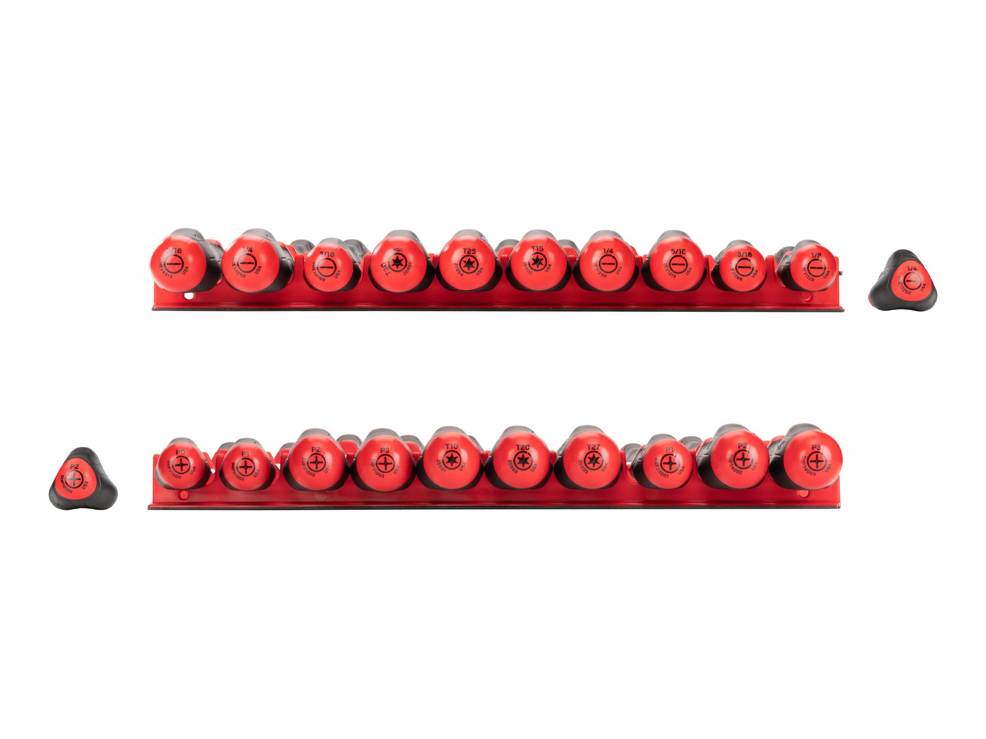 Side view of  Tekton red rails screwdriver set. Item #DRV45501