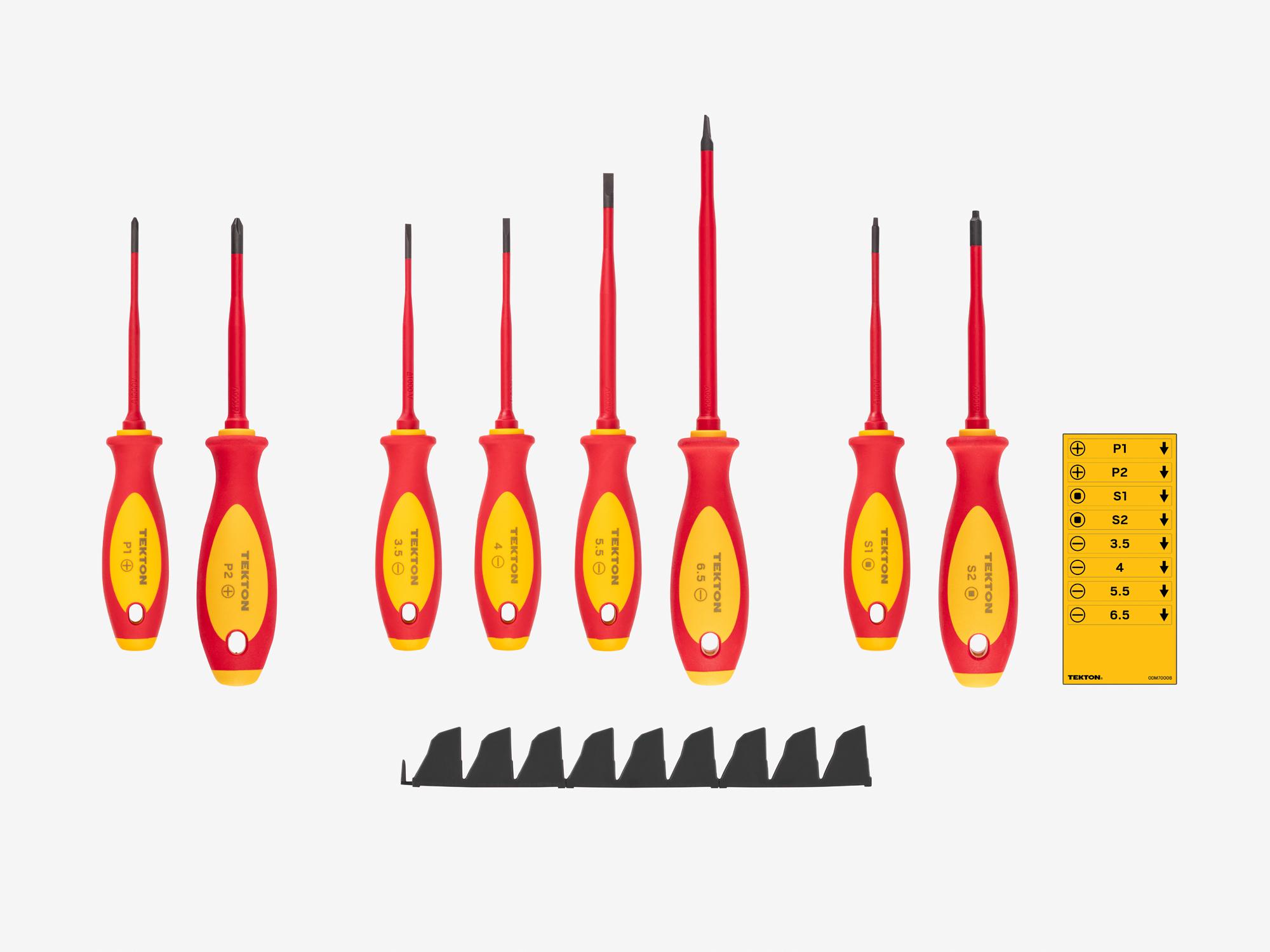 Laid out contents of Tekton black 4 inch screwdriver set. Item #DVZ90100