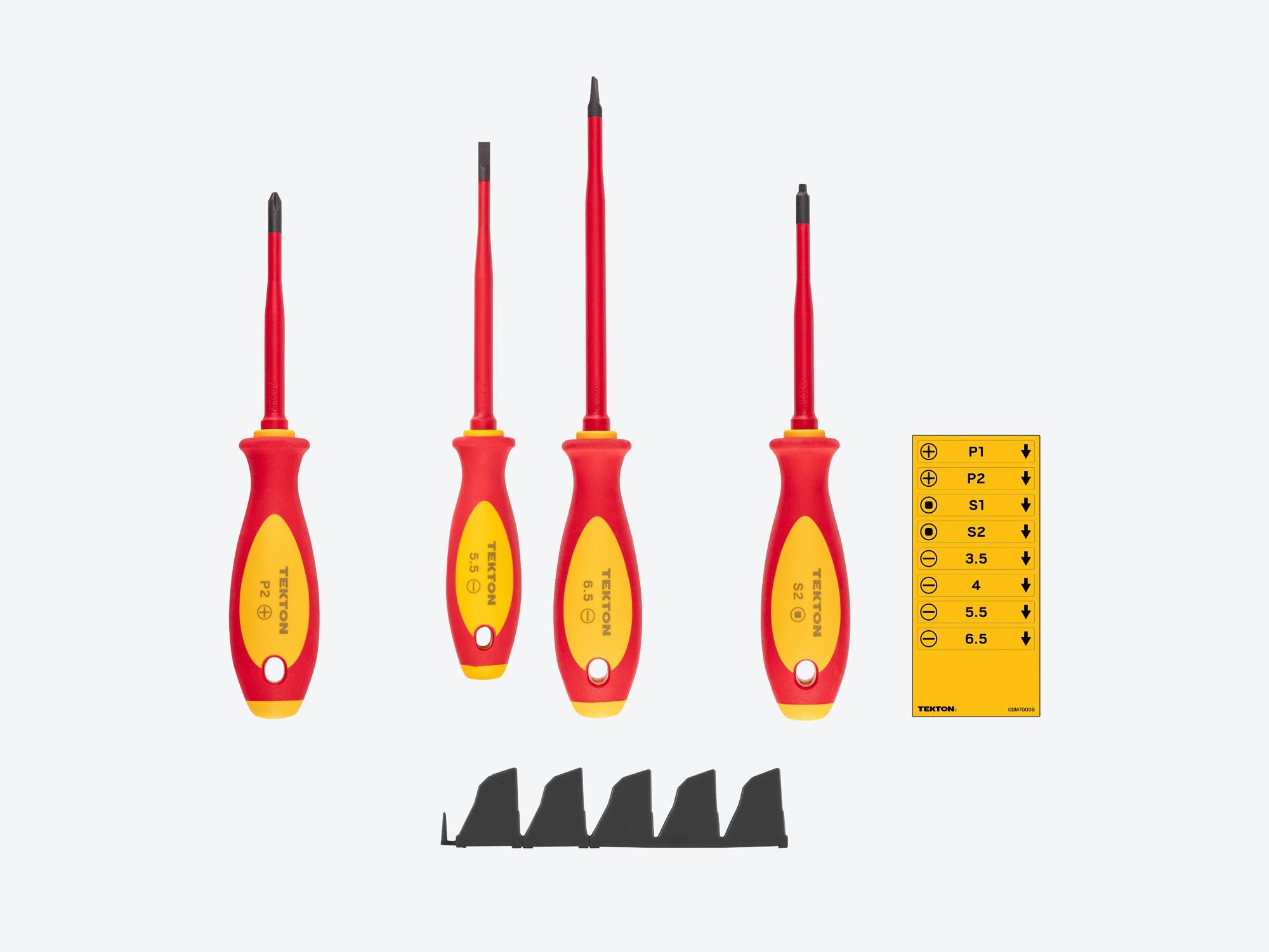Laid out contents of Tekton black 4 inch screwdriver set. Item #DVZ90101