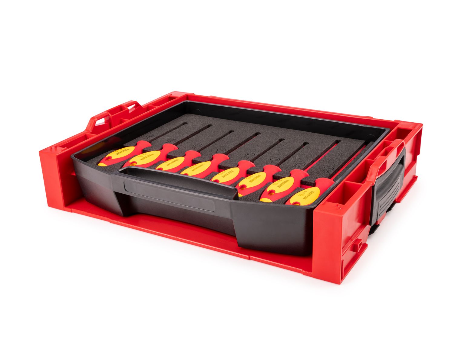 Front-right angle view of  Tekton 4 inch screwdriver set. Item #DVZ90600