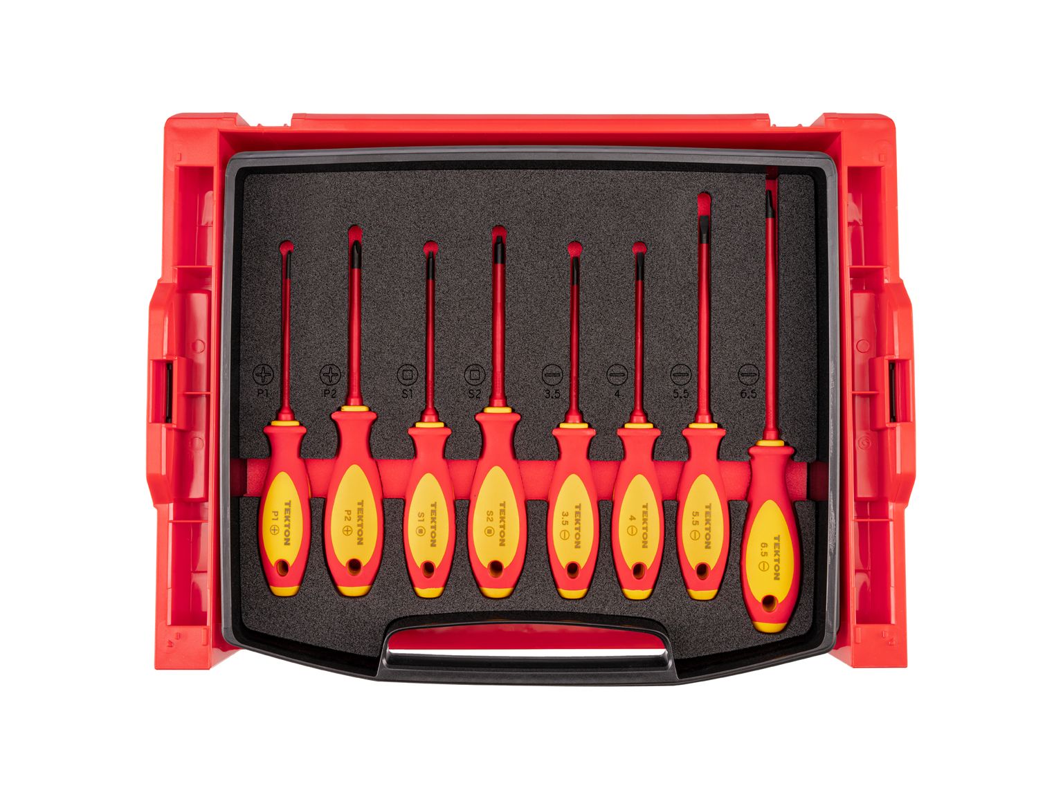 TEKTON Phillips, Slotted, Square Insulated Screwdriver Set with Open Top Drawer and Rack, 8-Piece (#1-#2, 3.5-6.5 mm, #1-#2)