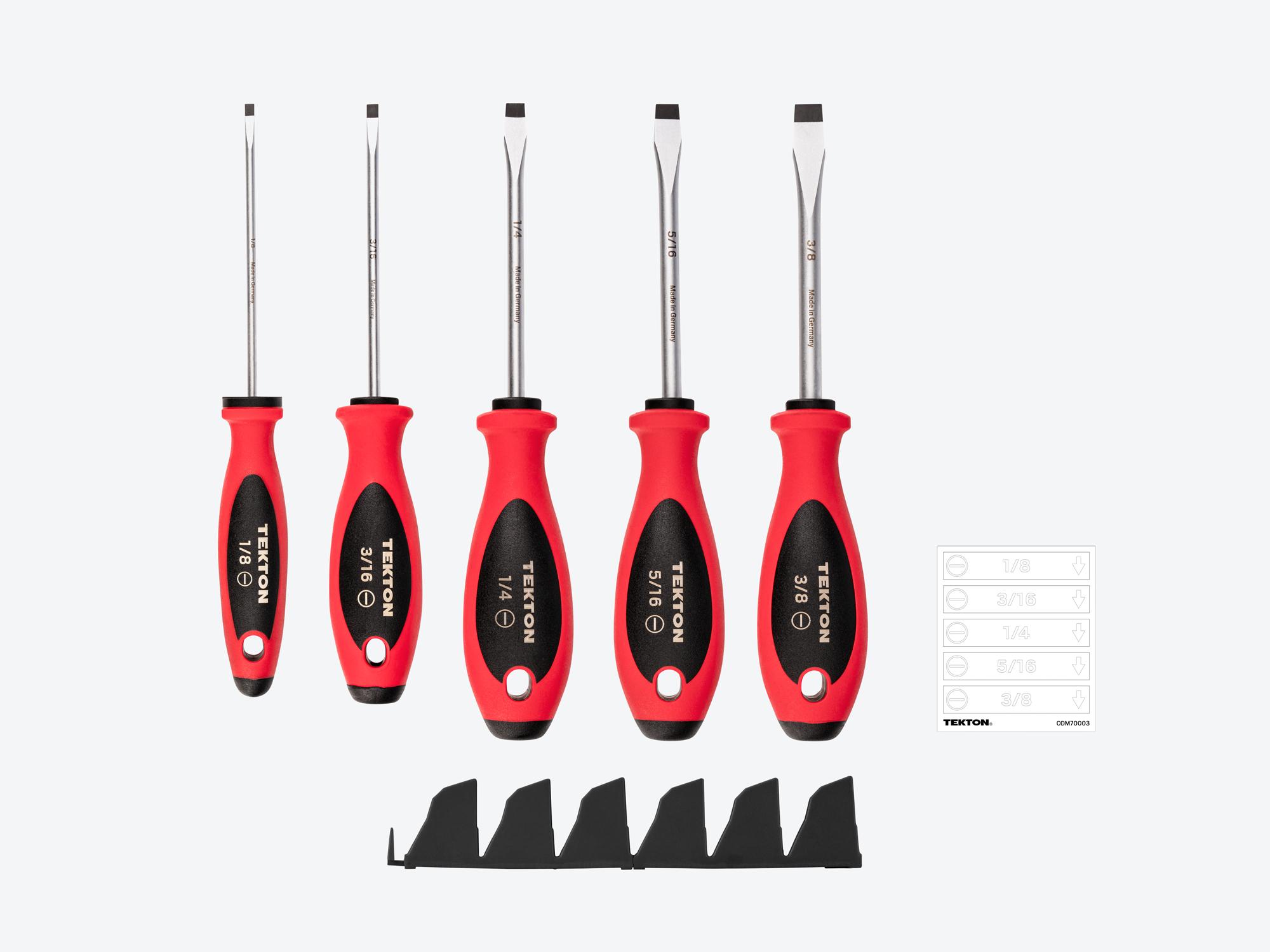 Laid out contents of Tekton black modular screwdriver set. Item #DWA90100