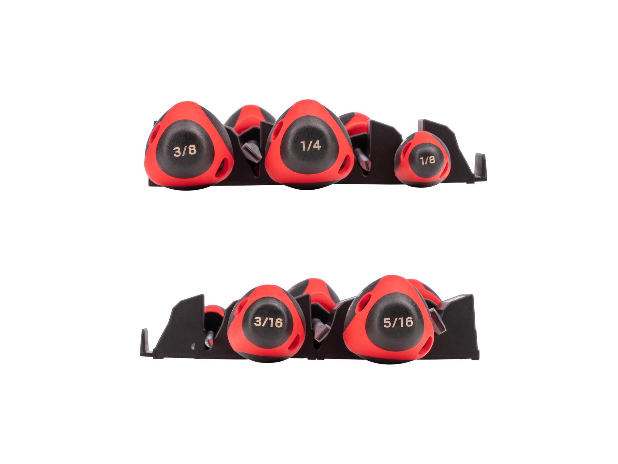 Side view of Tekton black modular screwdriver set. Item #DWA90100