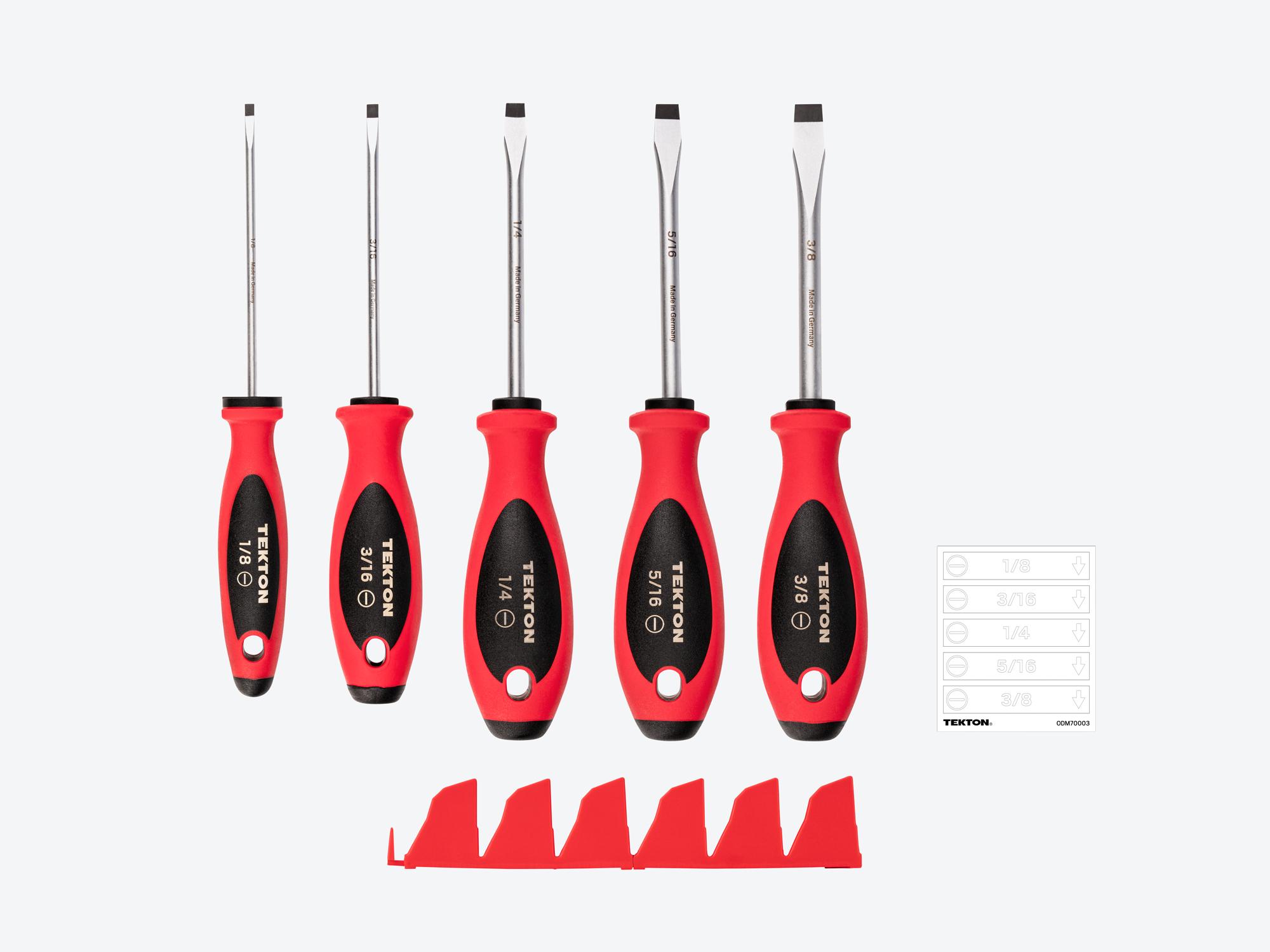 TEKTON Slotted Screwdriver Set with Red Modular Organizers - 4 Inch Shanks, 5-Piece (1/8 - 3/8 in.)