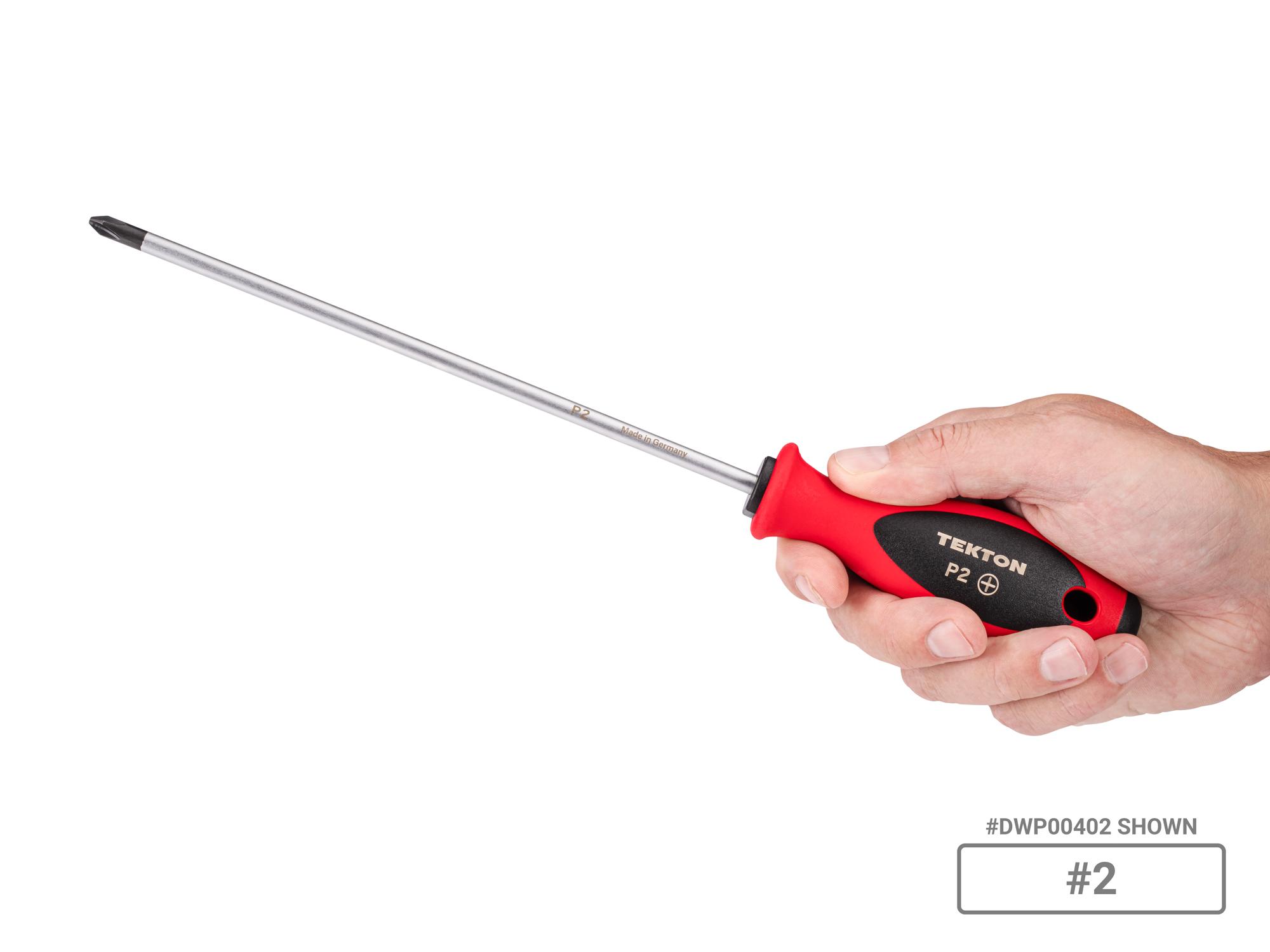 Person holding Tekton 8 inch screwdriver set. Item #DWP90001