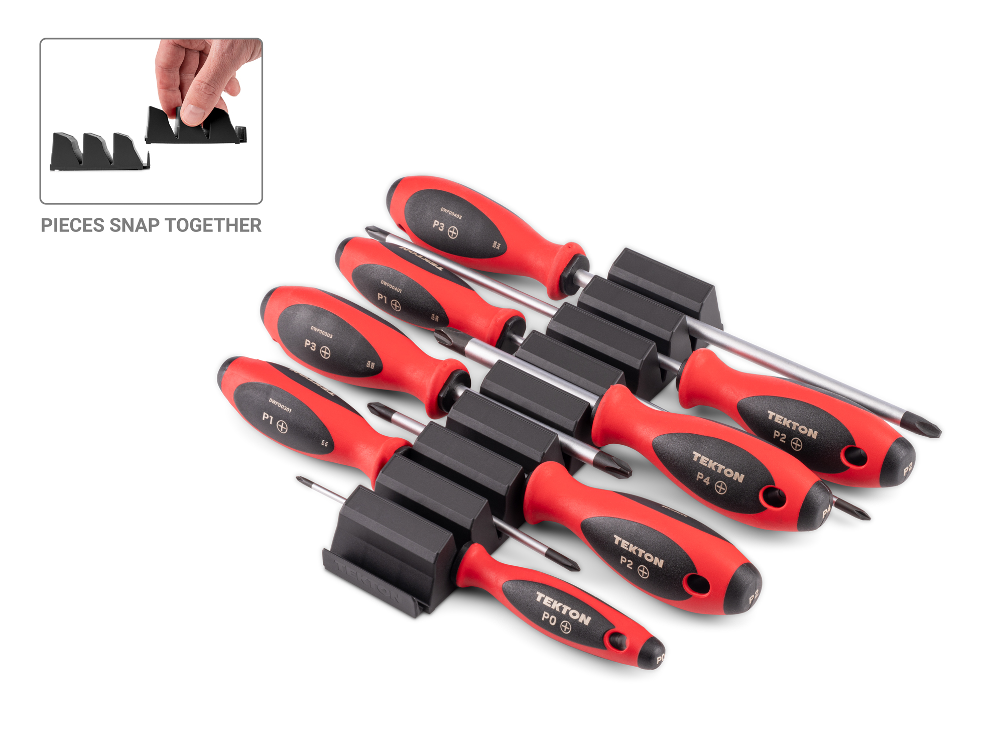 Front-right angle view of  Tekton 4, 8 inch screwdriver set. Item #DWP90100
