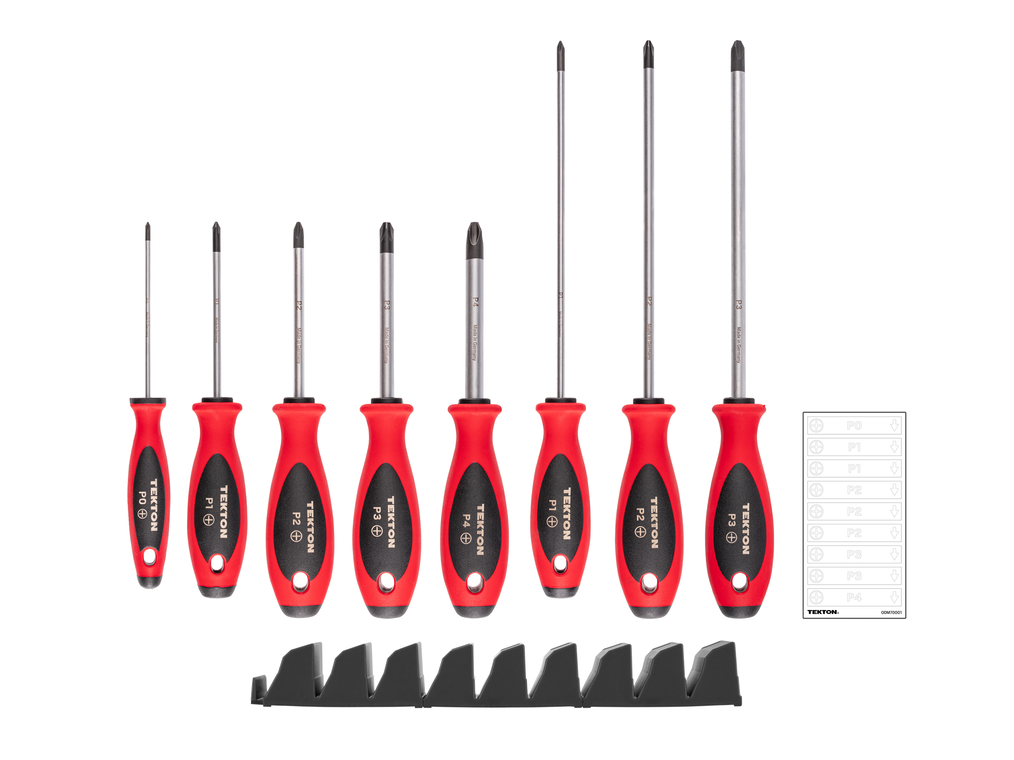 Laid out contents of  Tekton 4, 8 inch screwdriver set. Item #DWP90100