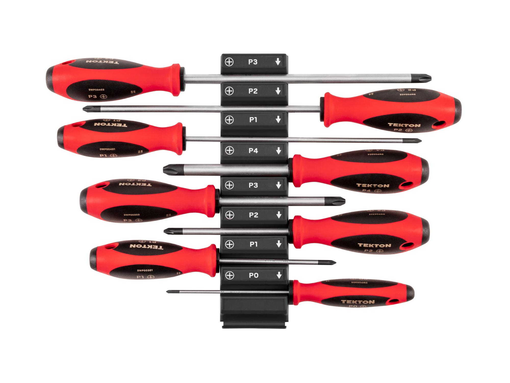 Top view of Tekton black 4, 8 inch screwdriver set. Item #DWP90100