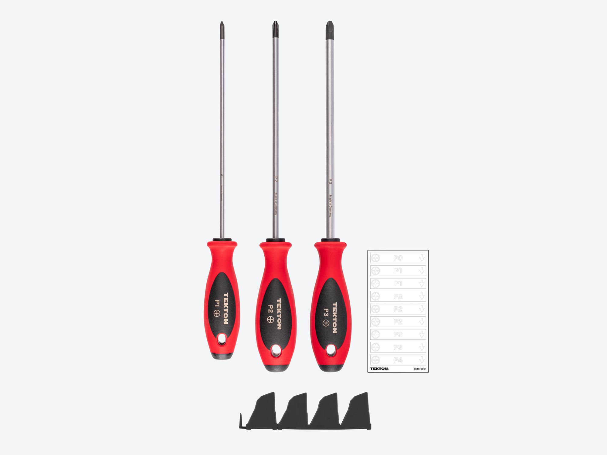 Laid out contents of Tekton black 8 inch screwdriver set. Item #DWP90101