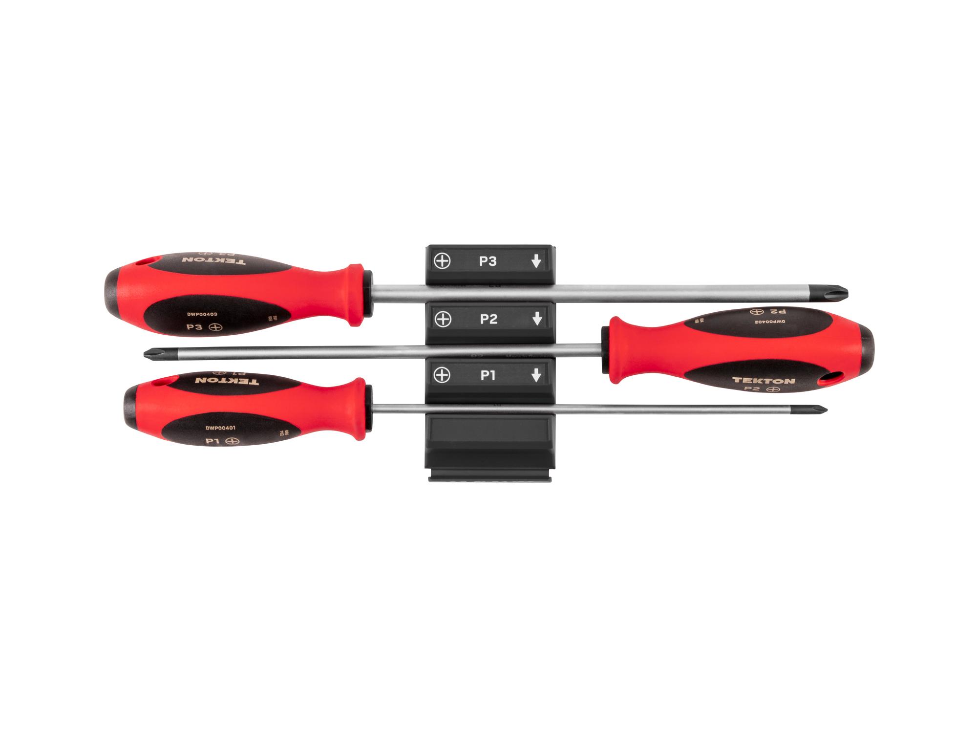 Top view of Tekton black 8 inch screwdriver set. Item #DWP90101