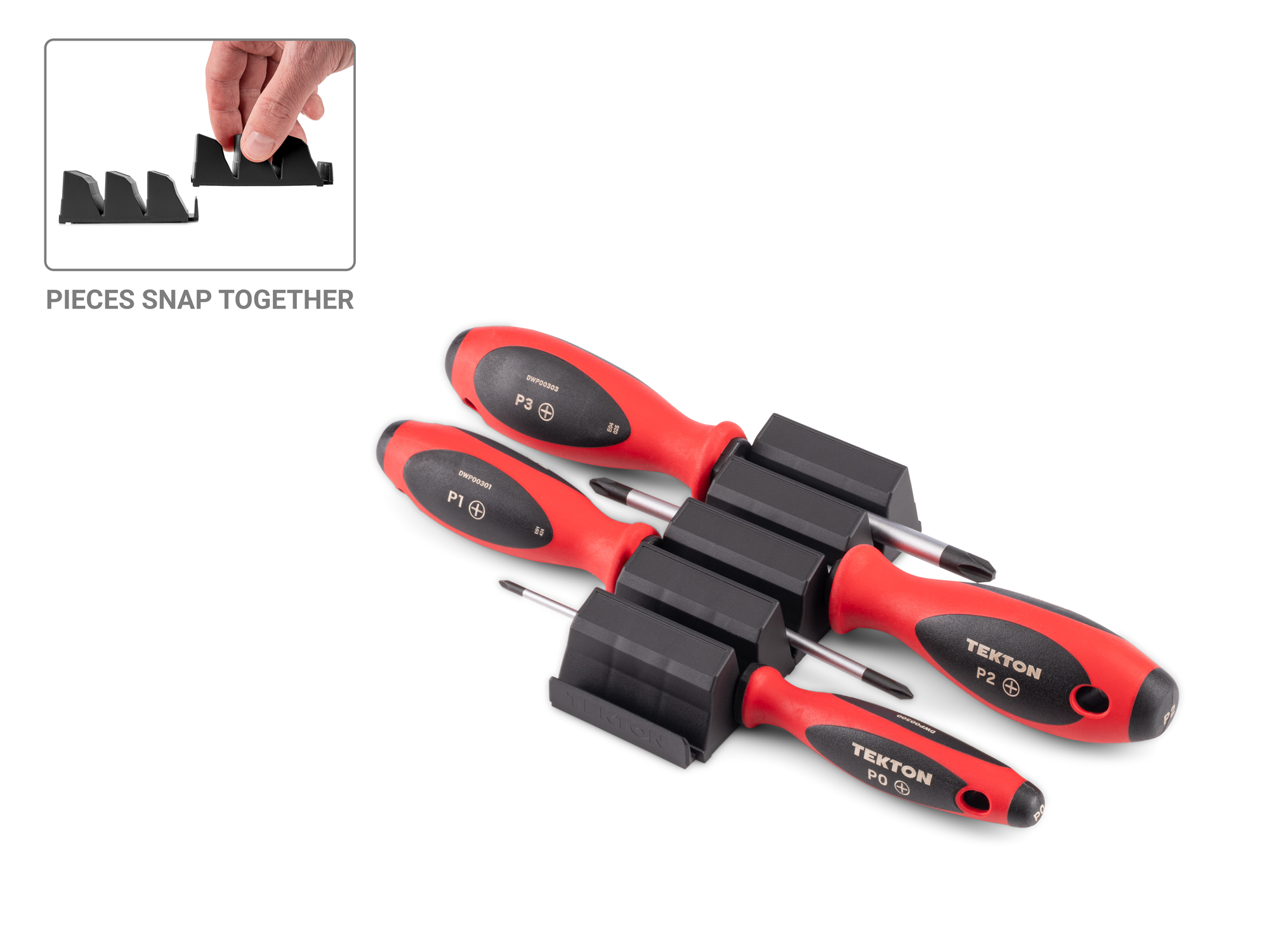 Front-right angle view of  Tekton 4 inch screwdriver set. Item #DWP90102