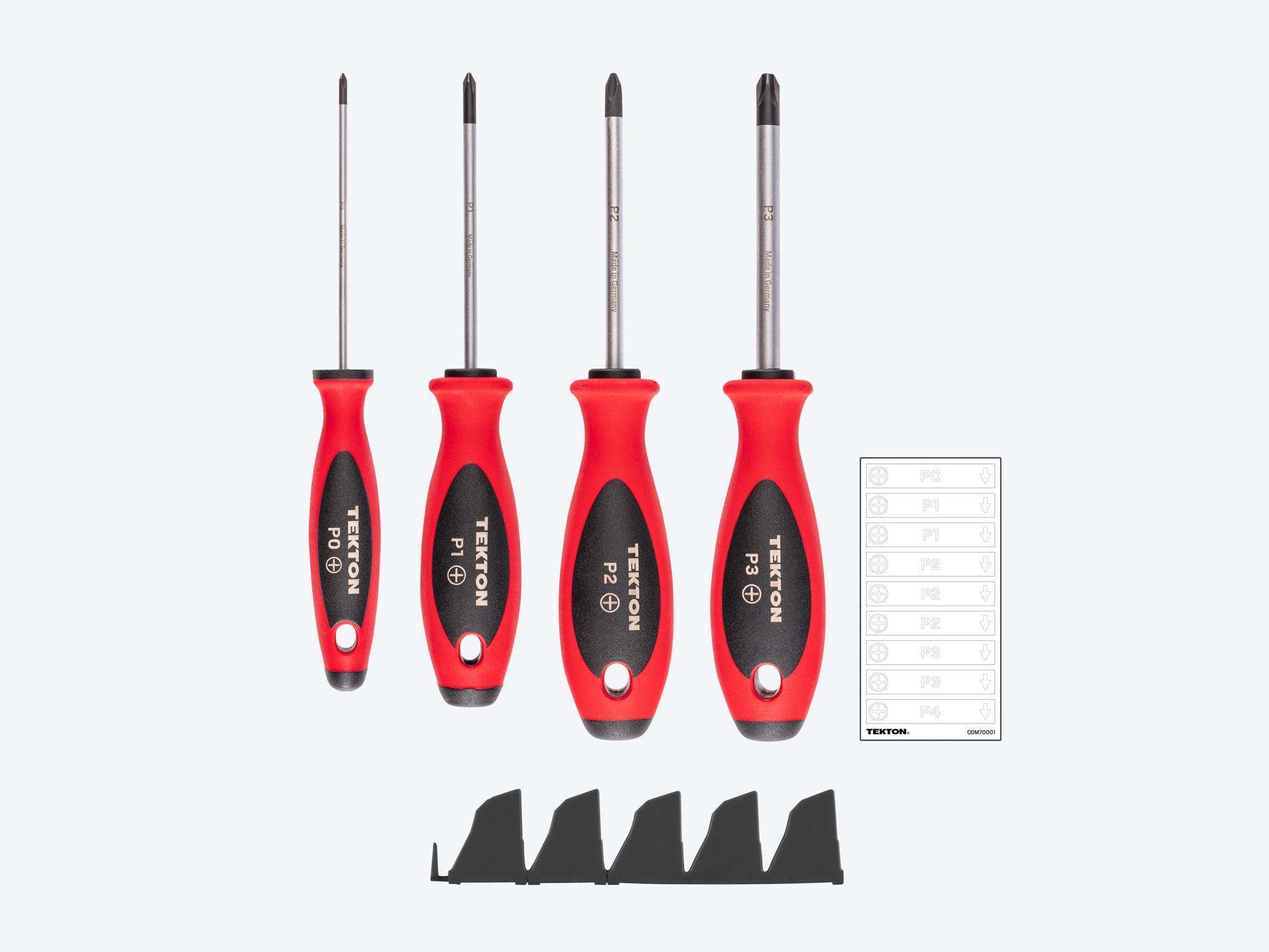 Laid out contents of Tekton black 4 inch screwdriver set. Item #DWP90102