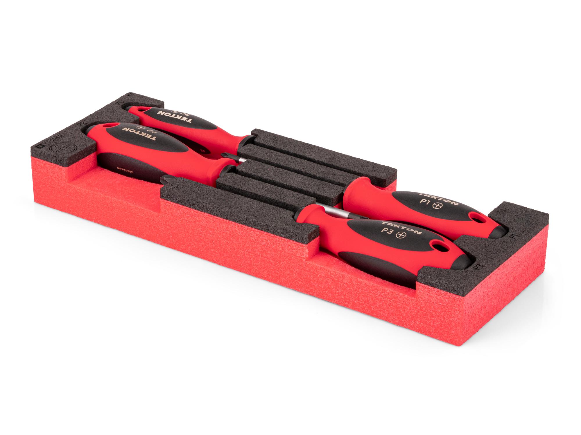 Angled view of red Tekton Phillips screwdriver set with 12 x 4 inch foam organizer. DWP90401