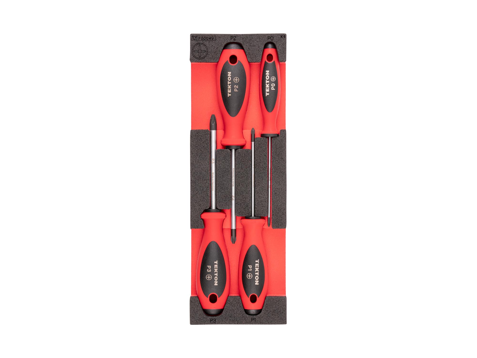 Top view of red Tekton Phillips screwdriver set with 12 x 4 inch foam organizer. DWP90401
