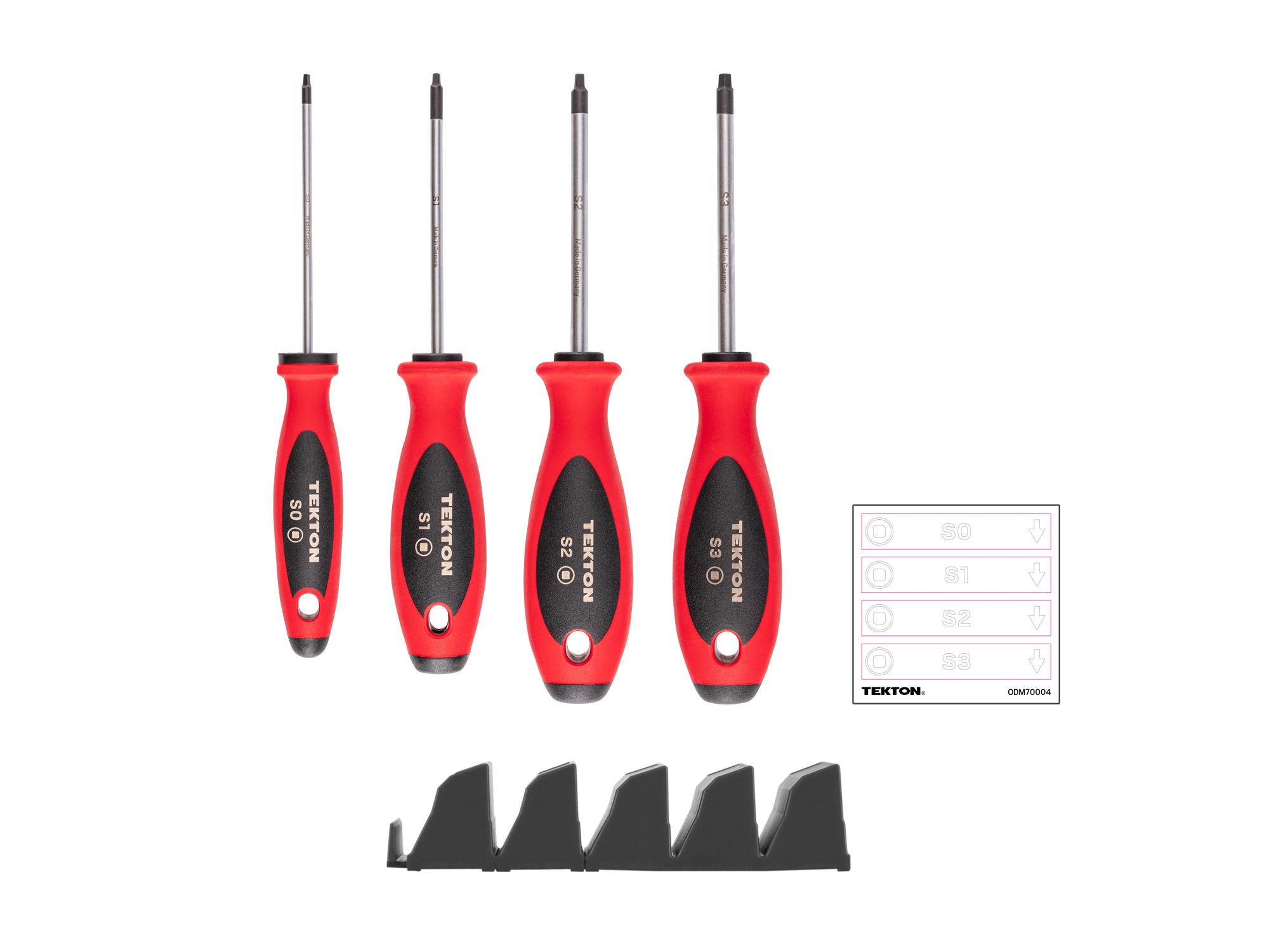 Laid out contents of  Tekton 4 inch screwdriver set. Item #DWQ90100