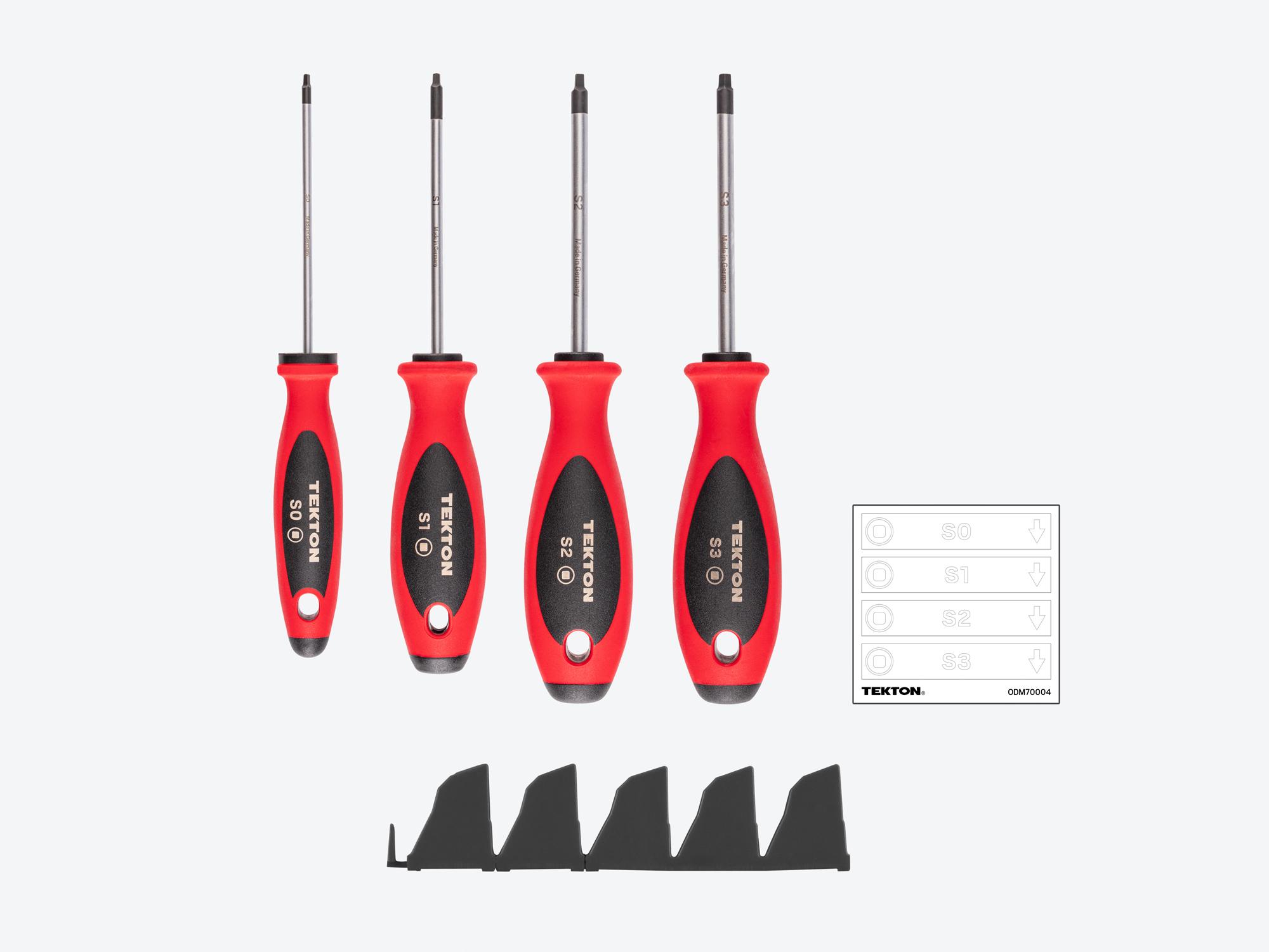 Laid out contents of Tekton black 4 inch screwdriver set. Item #DWQ90100