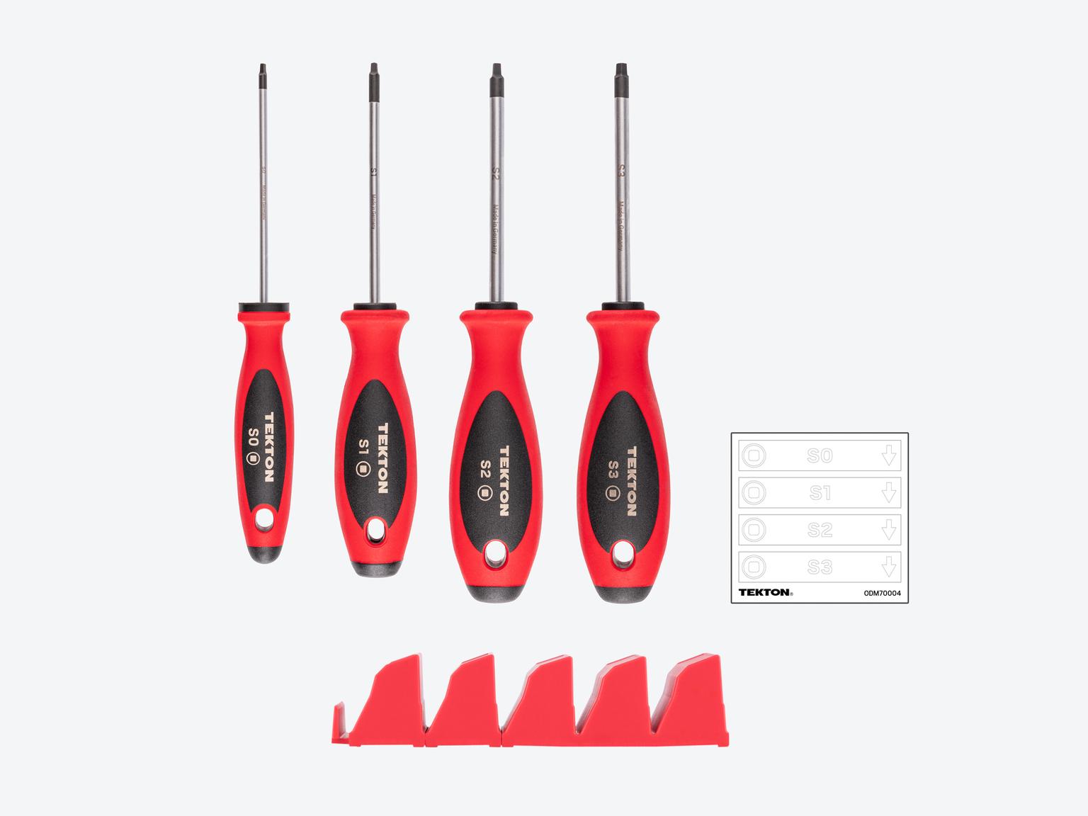 TEKTON Square Screwdriver Set with Red Modular Organizers - 4 Inch Shanks, 4-Piece (#0 - #3)