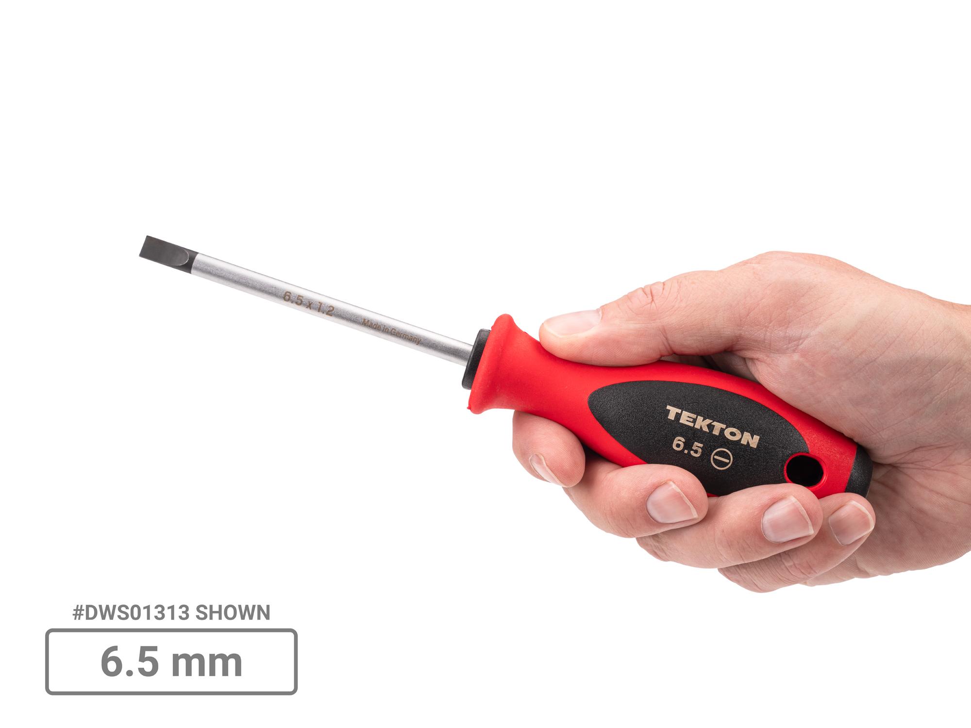 Person holding Tekton 4, 8 inch screwdriver set. Item #DWS90004