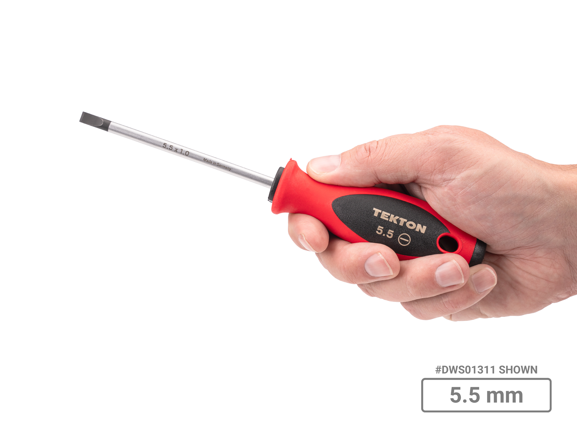 Person holding  Tekton 4 inch screwdriver set. Item #DWS90001