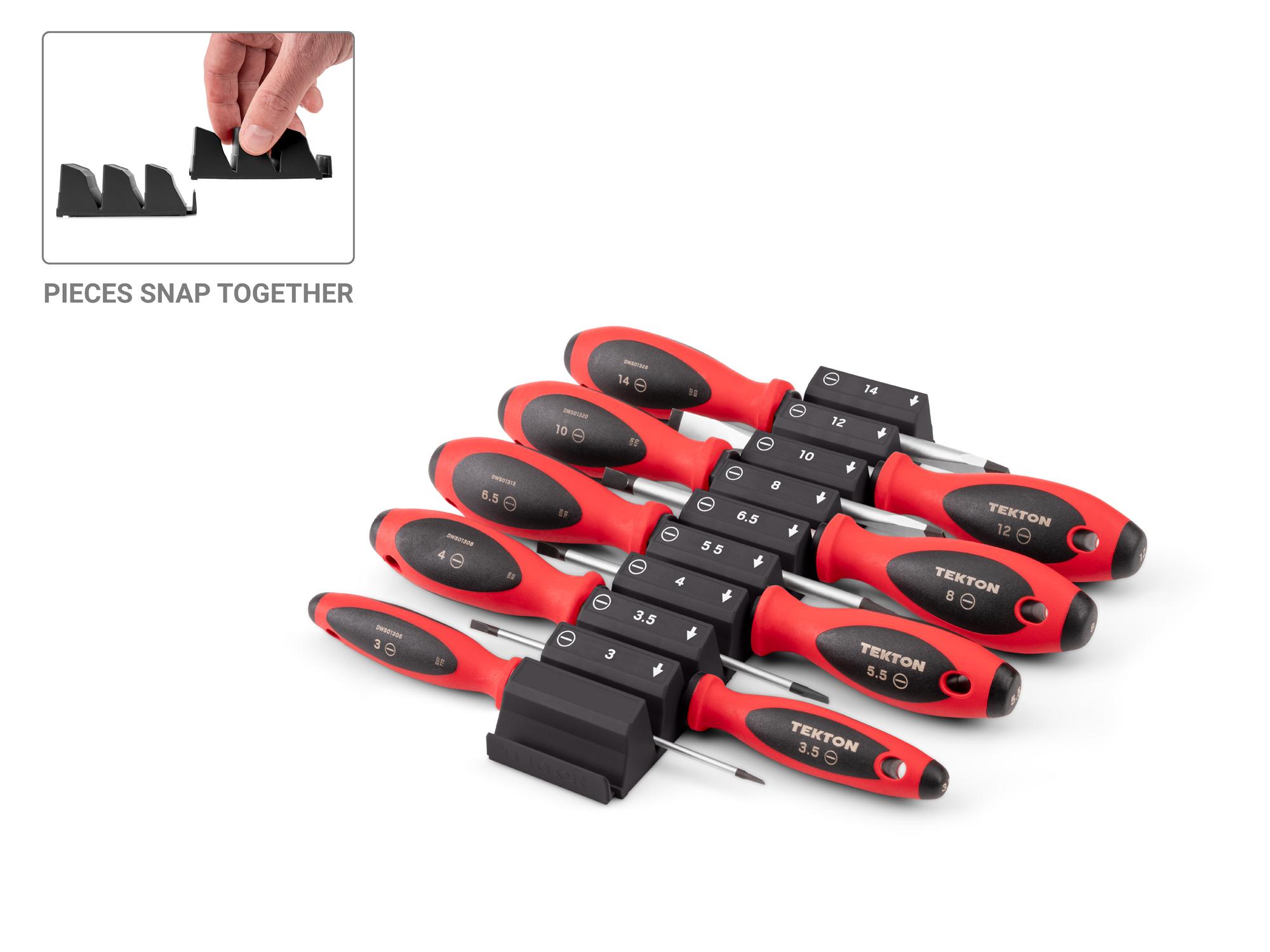 Front-right angle view of Tekton black 4 inch screwdriver set. Item #DWS90100