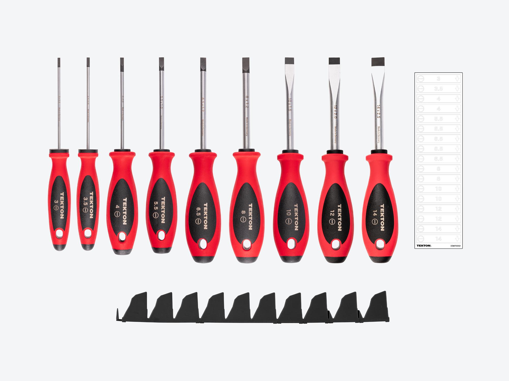 Laid out contents of Tekton black 4 inch screwdriver set. Item #DWS90100