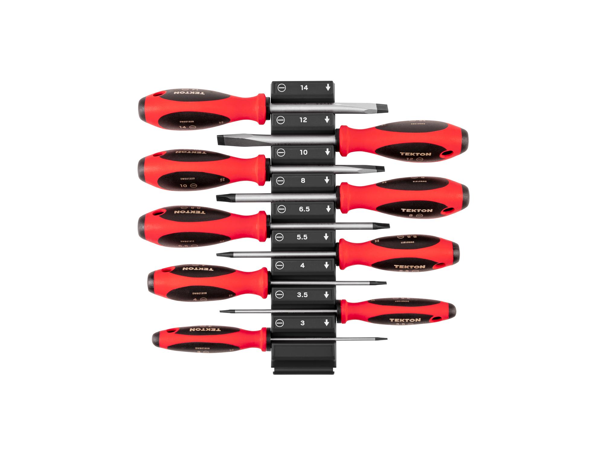 Front view of Tekton black 4 inch screwdriver set. Item #DWS90100
