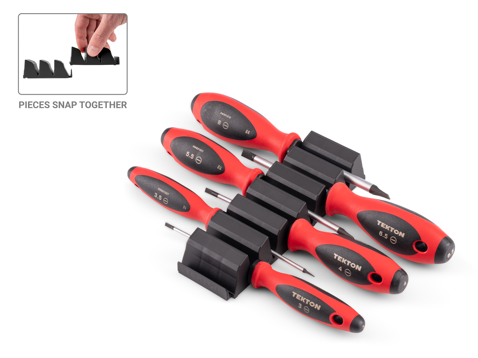 Front-right angle view of  Tekton 4 inch screwdriver set. Item #DWS90101