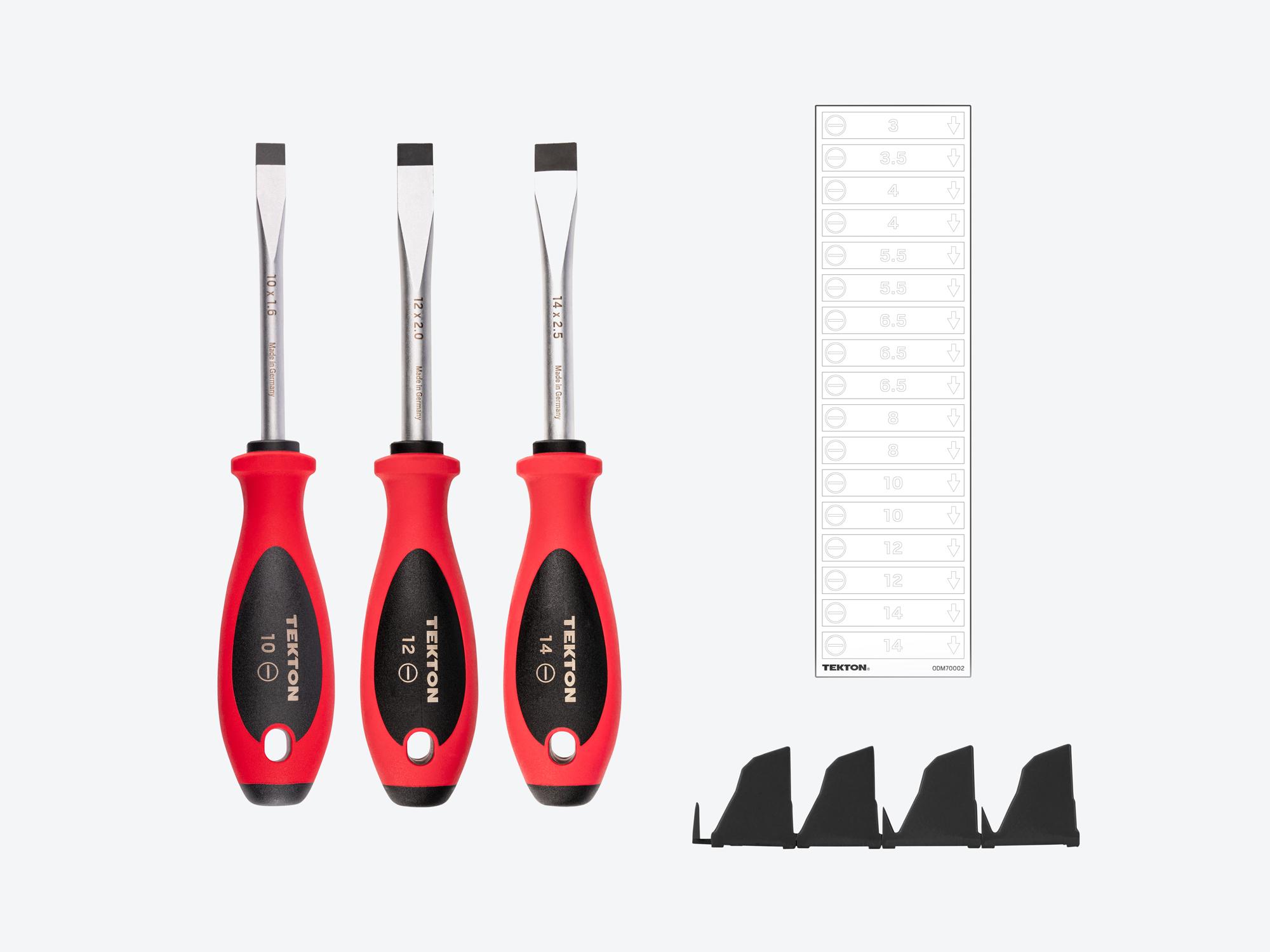 Laid out contents of Tekton black 4 inch screwdriver set. Item #DWS90102