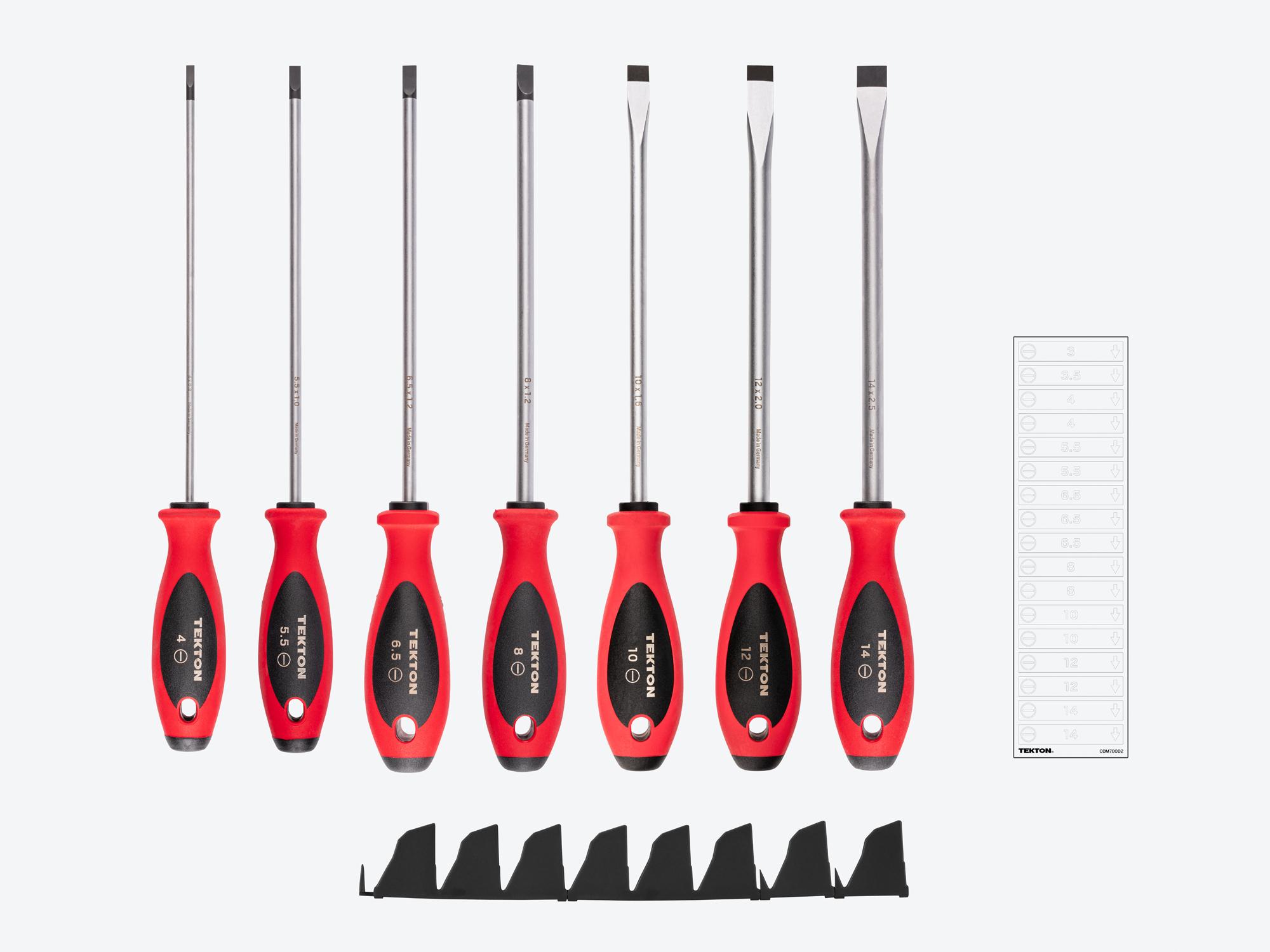 Laid out contents of Tekton black 8 inch screwdriver set. Item #DWS90103