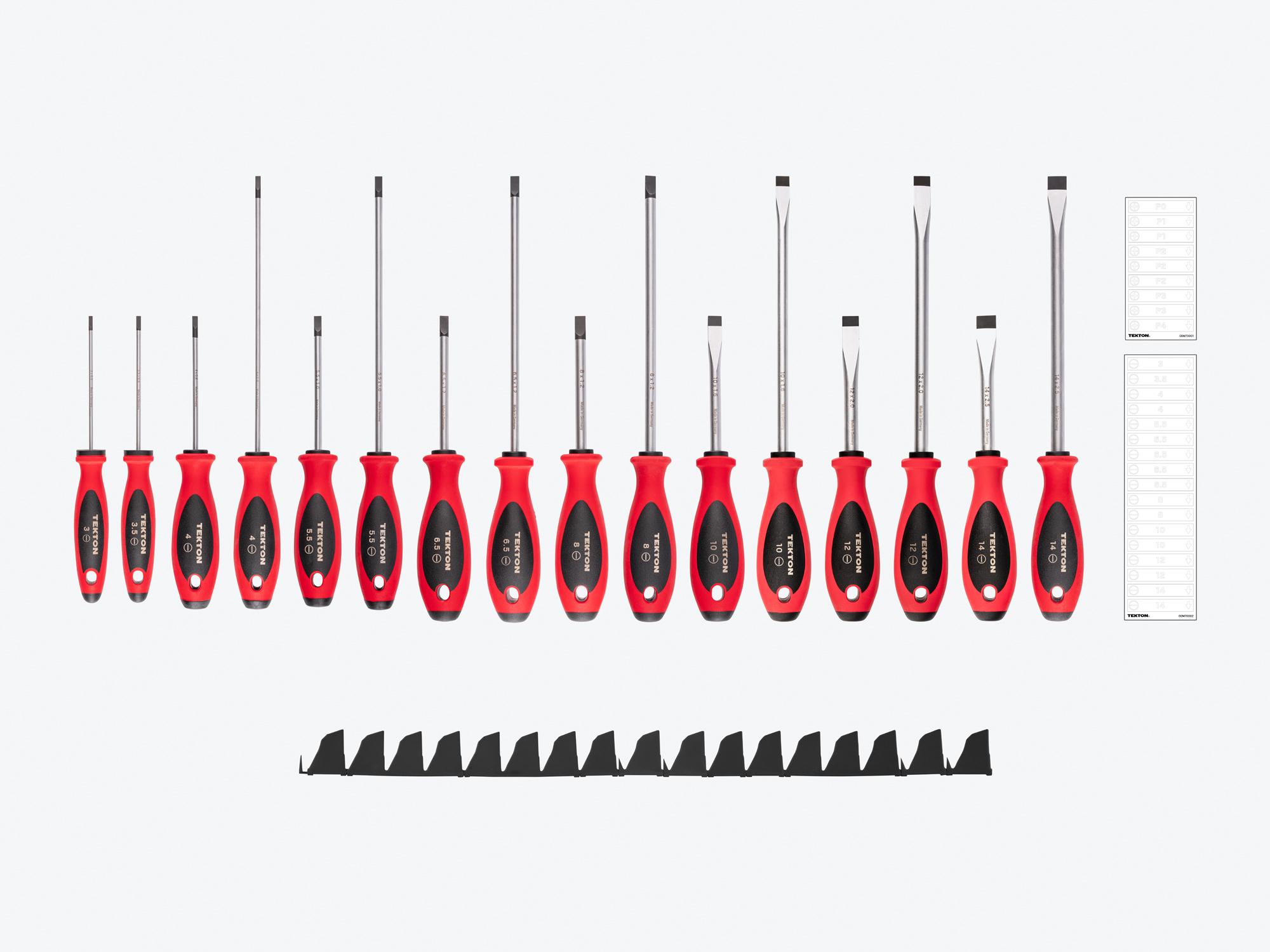 Laid out contents of Tekton black 4, 8 inch screwdriver set. Item #DWS90104