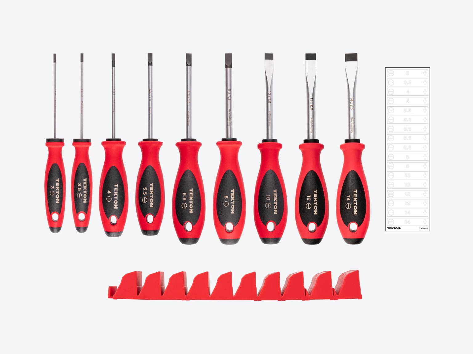 TEKTON Slotted Screwdriver Set with Red Modular Organizers - 4 Inch Shanks, 9-Piece (3 -14 mm)