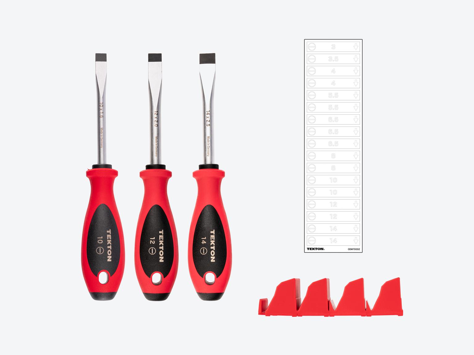TEKTON Slotted Screwdriver Set with Red Modular Organizers - 4 Inch Shanks, 3-Piece (10 -14 mm)