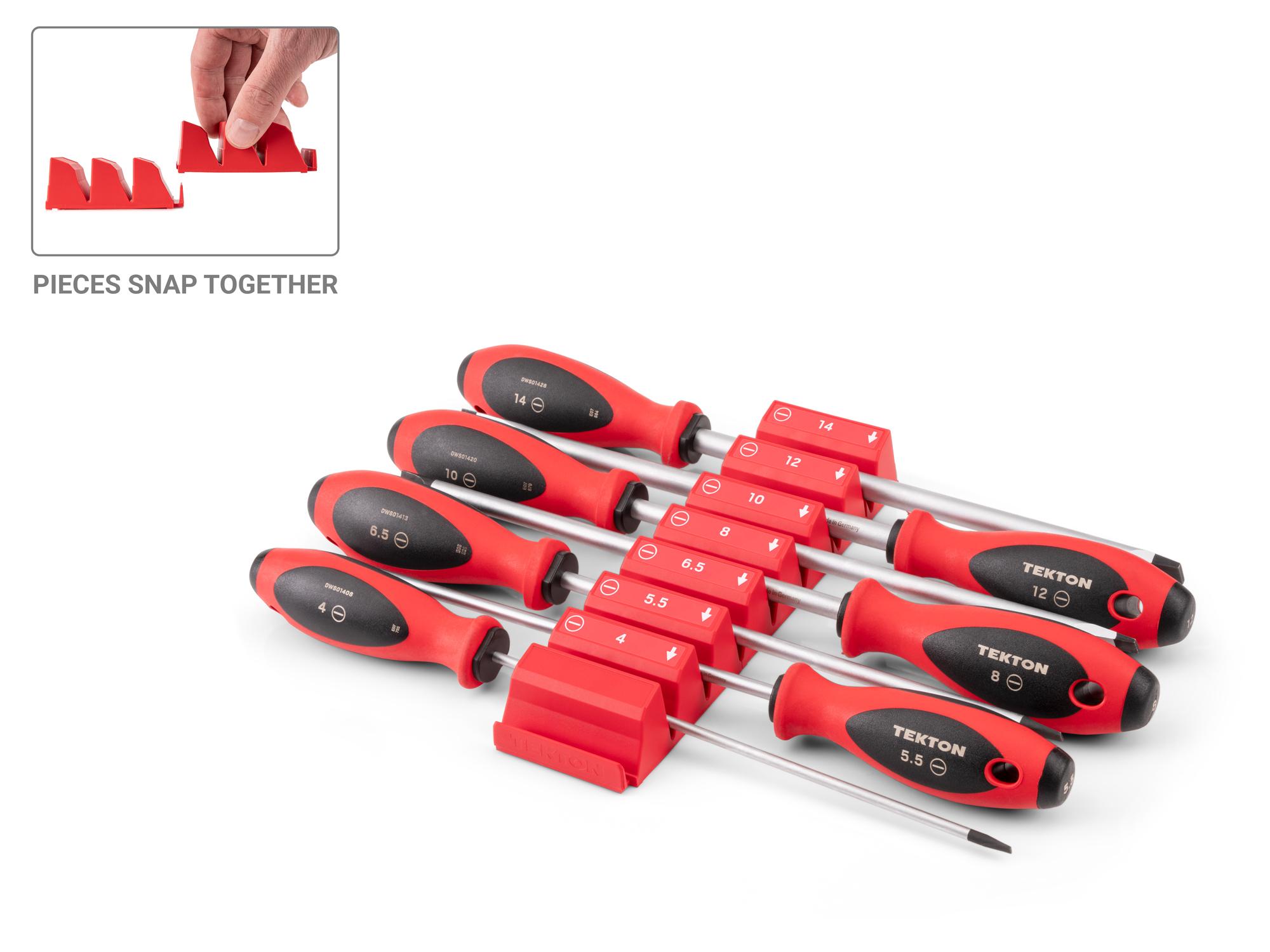 TEKTON Slotted Screwdriver Set with Red Modular Organizers - 8 Inch Shanks, 7-Piece (4 -14 mm)