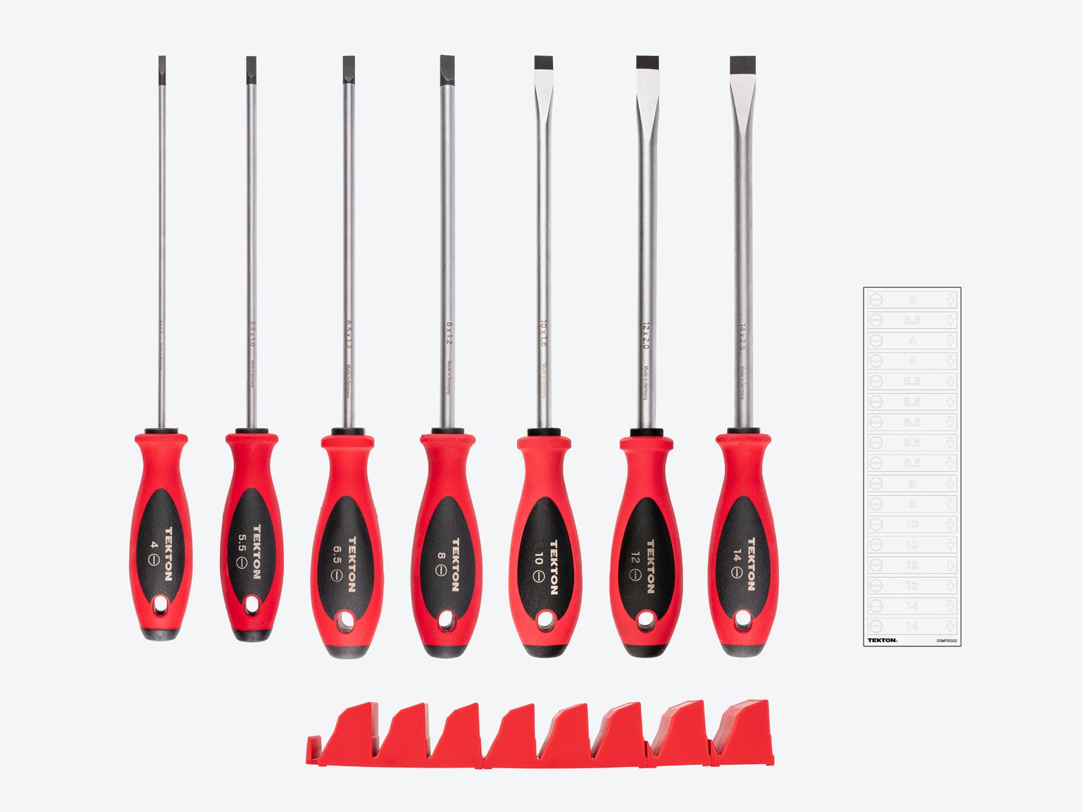 TEKTON Slotted Screwdriver Set with Red Modular Organizers - 8 Inch Shanks, 7-Piece (4 -14 mm)