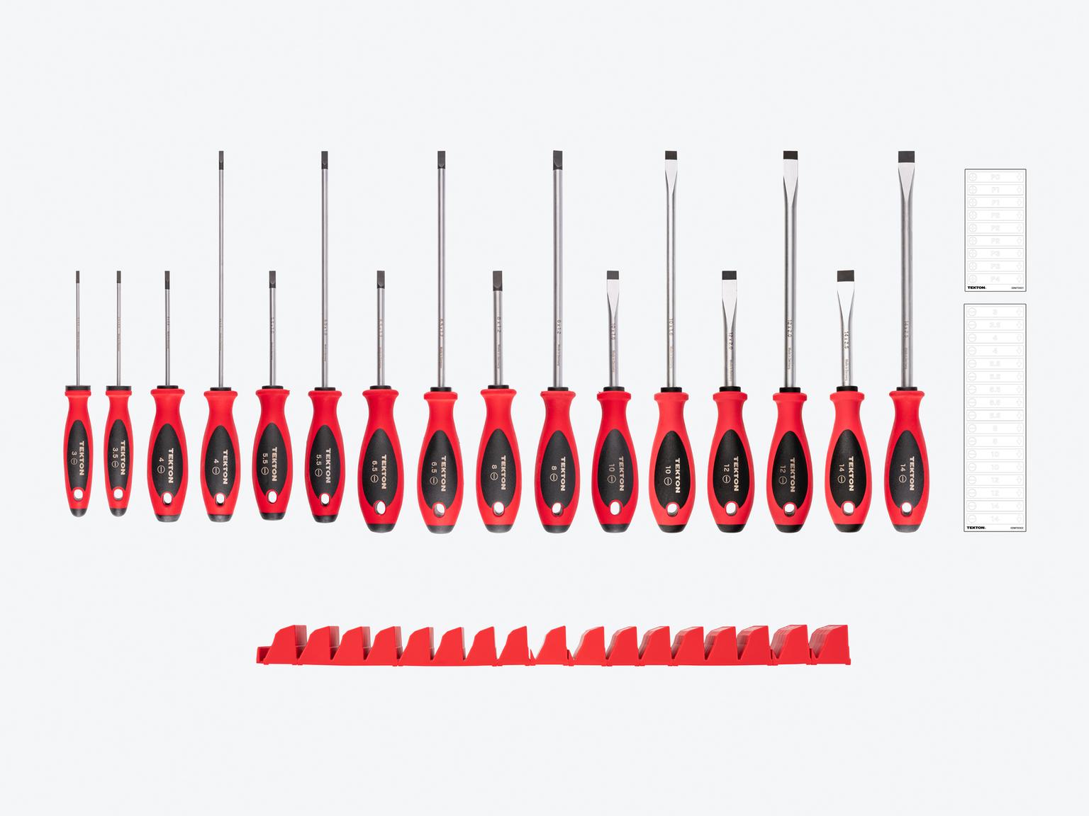 TEKTON Slotted Screwdriver Set with Red Modular Organizers - 4, 8 Inch Shanks, 16-Piece (3 - 14 mm)