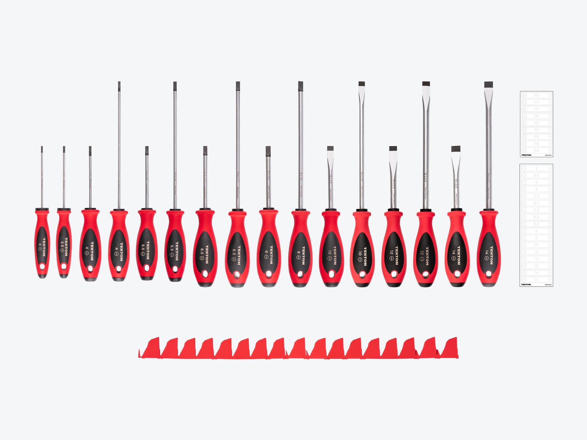 TEKTON Slotted Screwdriver Set with Red Modular Organizers - 4, 8 Inch Shanks, 16-Piece (3 - 14 mm)