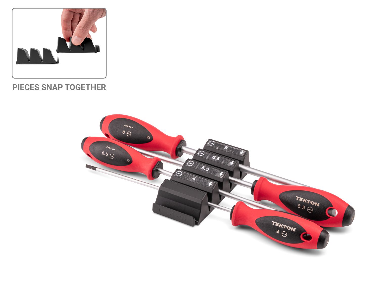 Front-right angle view of Tekton black screwdriver set. Item #DWS90110
