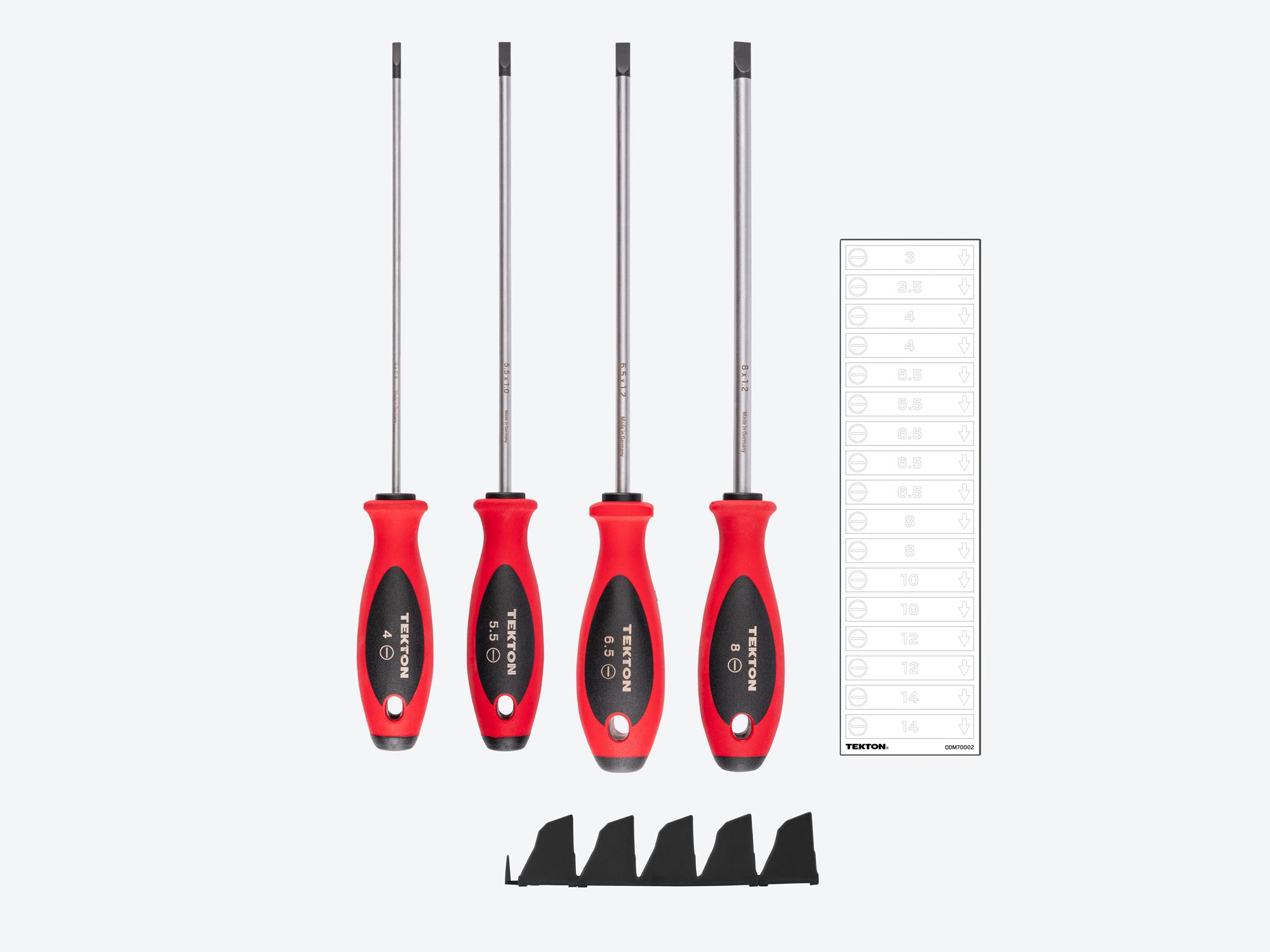 Laid out contents of Tekton black modular screwdriver set. Item #DWS90110