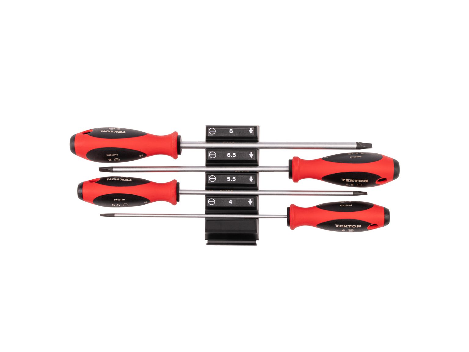 Top view of Tekton black screwdriver set. Item #DWS90110