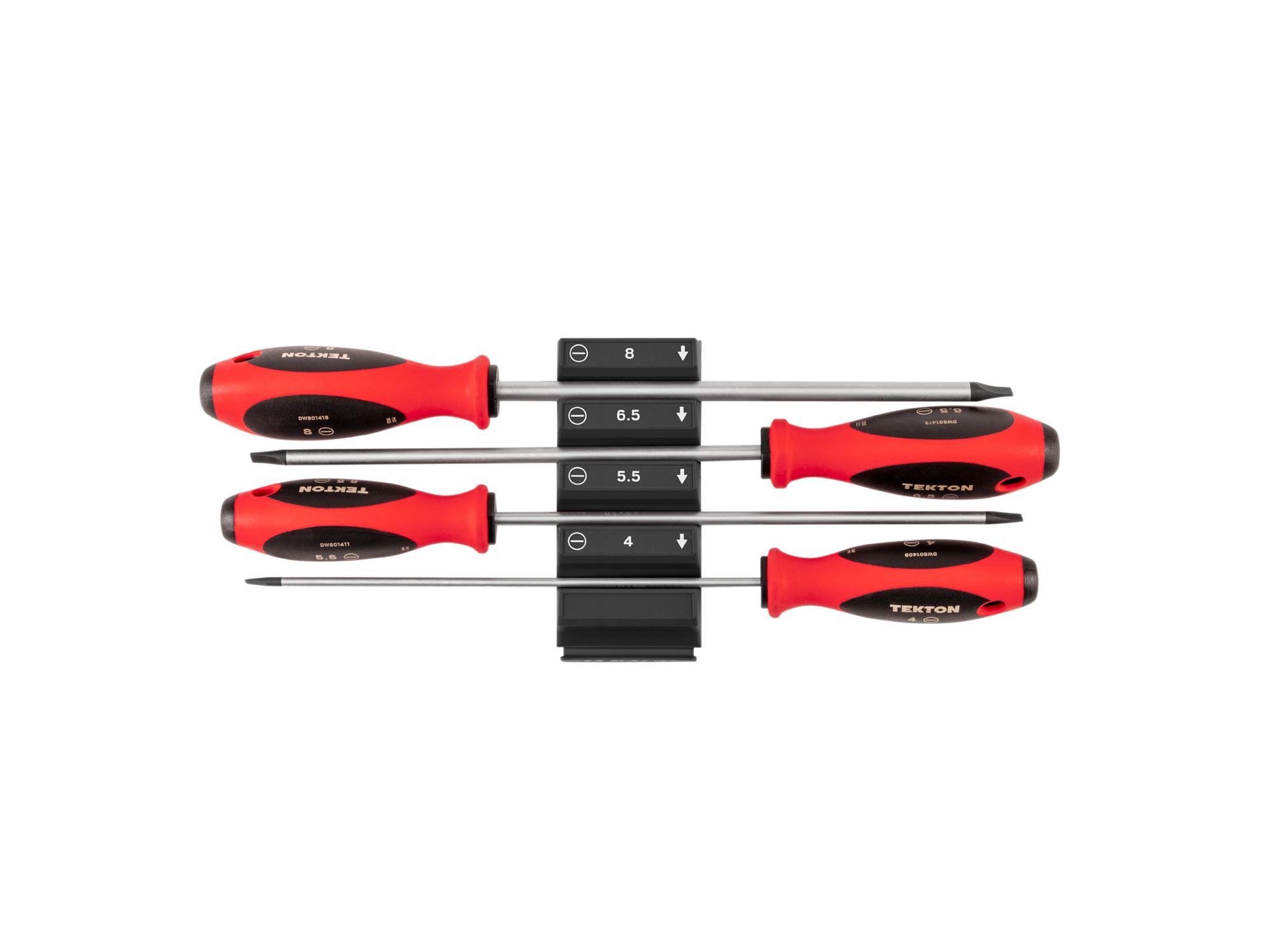 Top view of Tekton black modular screwdriver set. Item #DWS90110