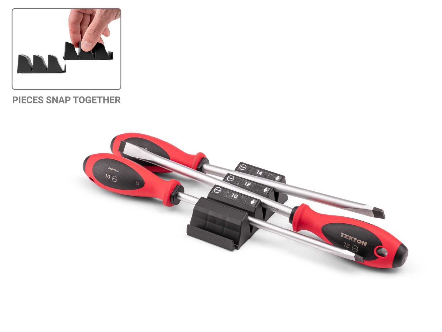 Front-right angle view of Tekton black screwdriver set. Item #DWS90111