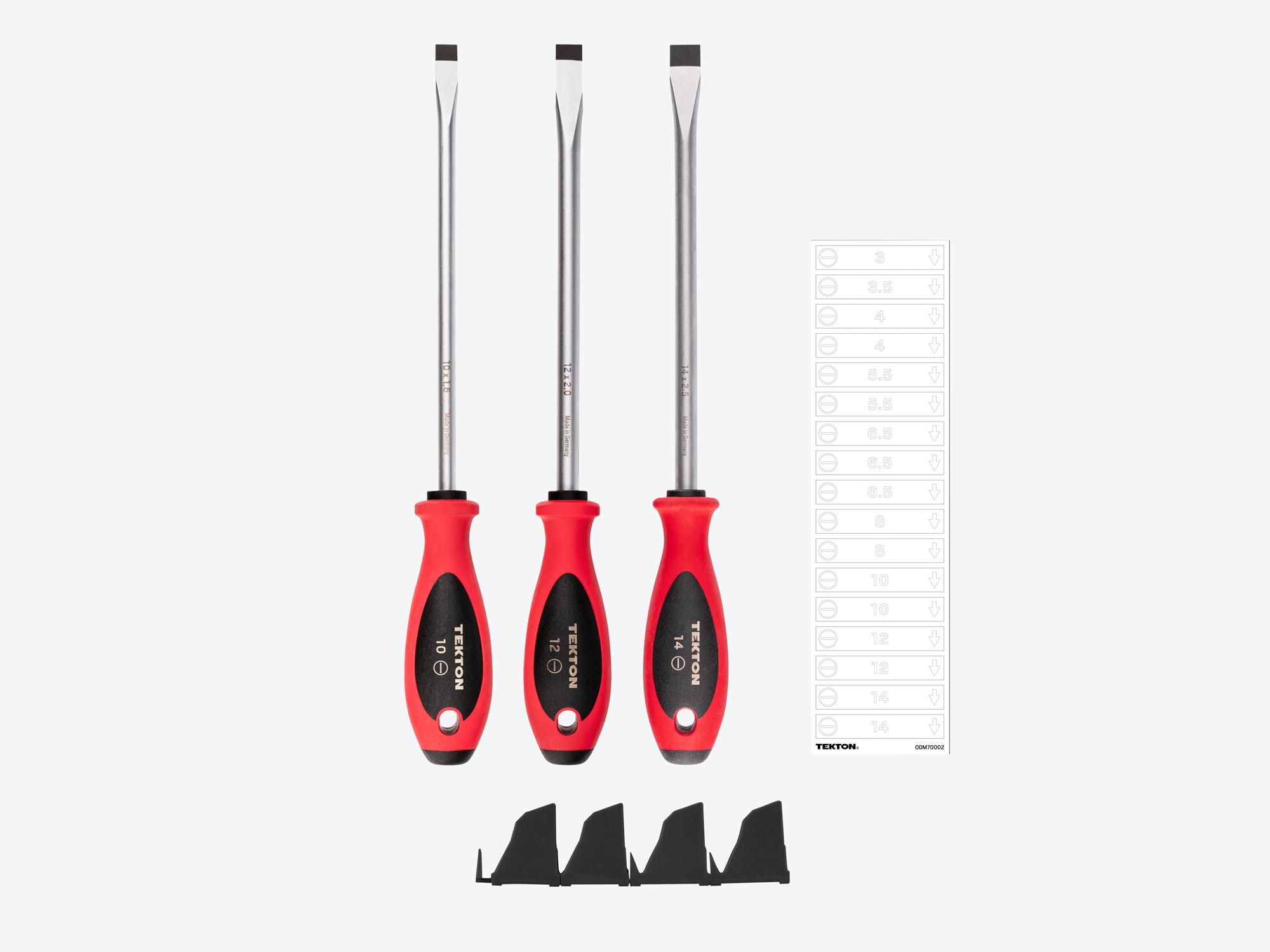 Laid out contents of Tekton black modular screwdriver set. Item #DWS90111