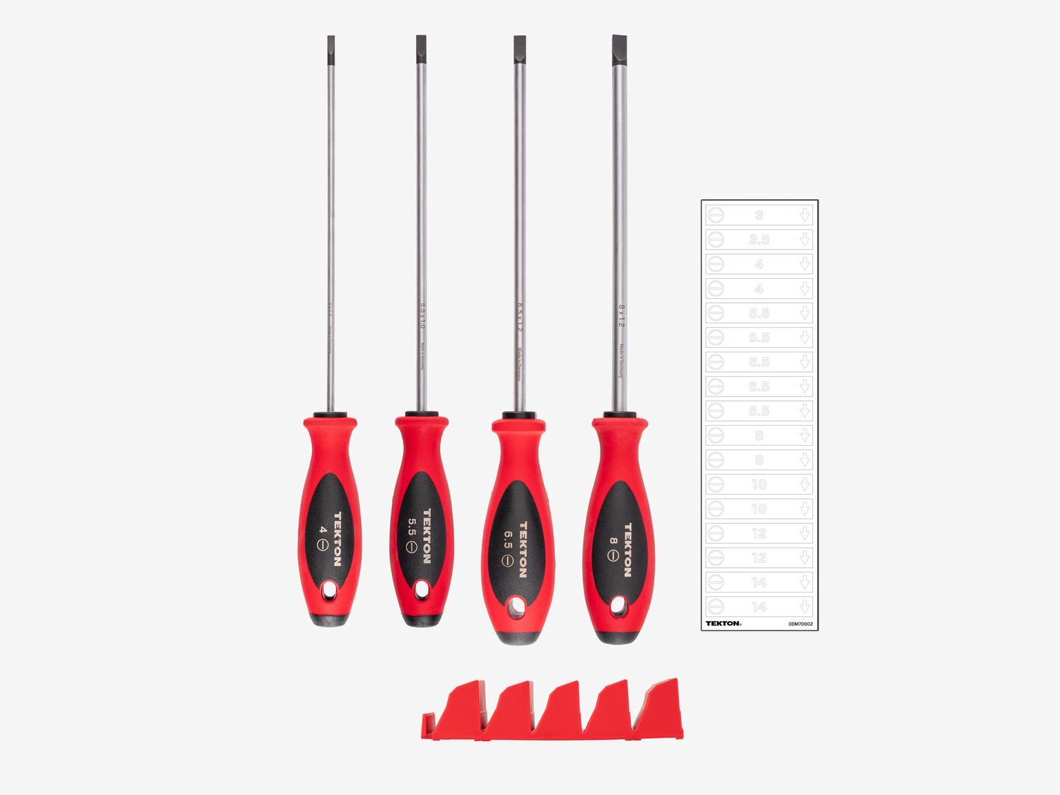 TEKTON Slotted Screwdriver Set with Red Modular Organizers - 8 Inch Shanks, 4-Piece (4 - 8 mm)