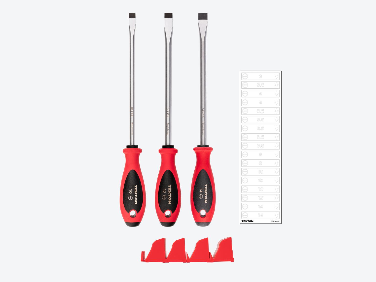 TEKTON Slotted Screwdriver Set with Red Modular Organizers - 8 Inch Shanks, 3-Piece (10 - 14 mm)