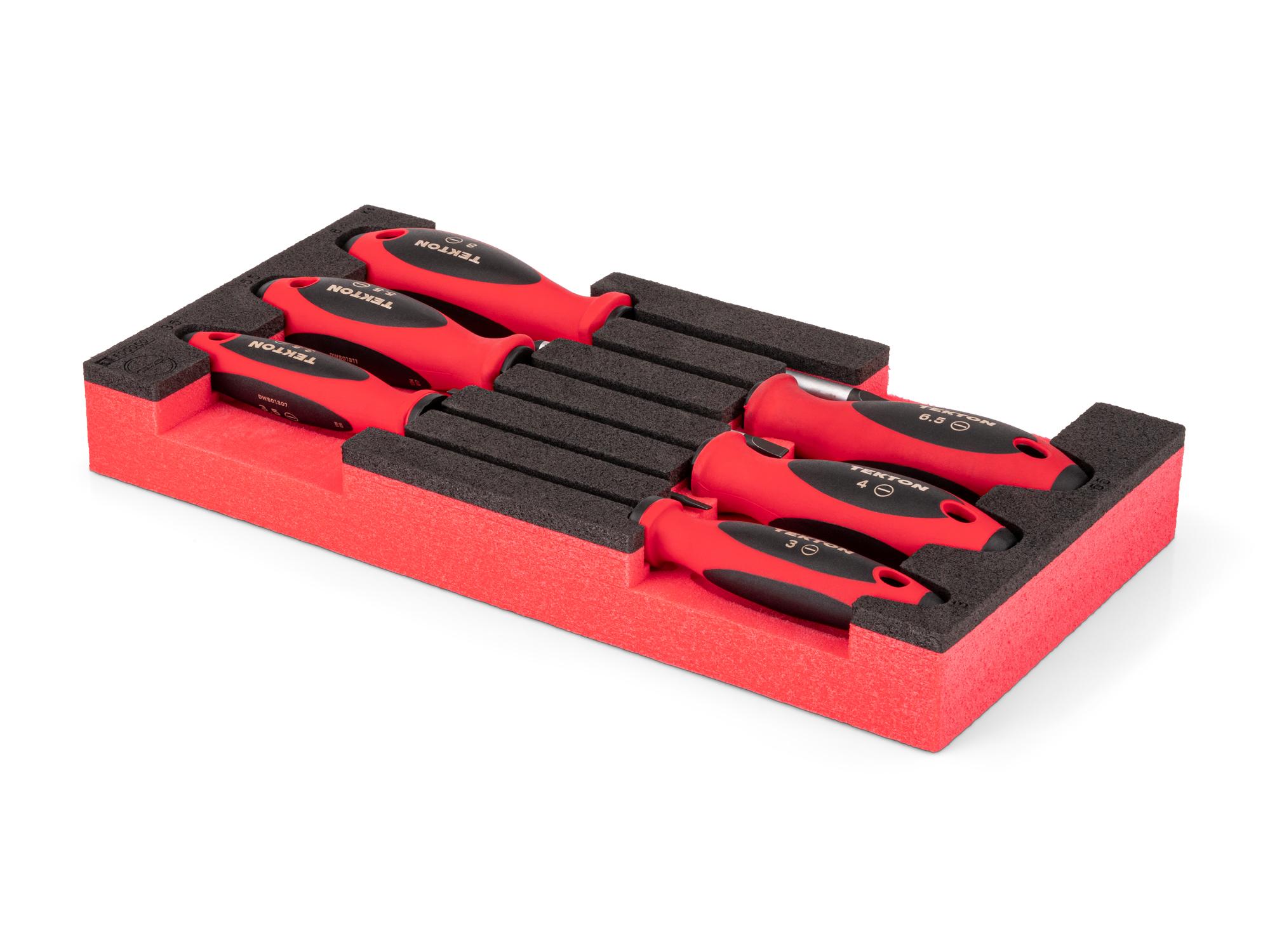 Angled view of red Tekton slotted screwdriver set with 12 x 6 inch foam organizer. DWS90401