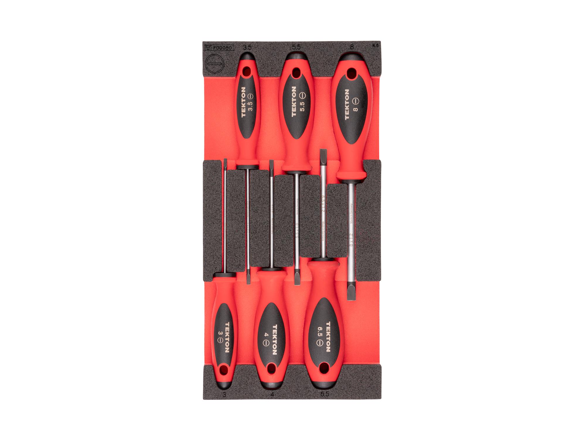 Top view of red Tekton slotted screwdriver set with 12 x 6 inch foam organizer. DWS90401