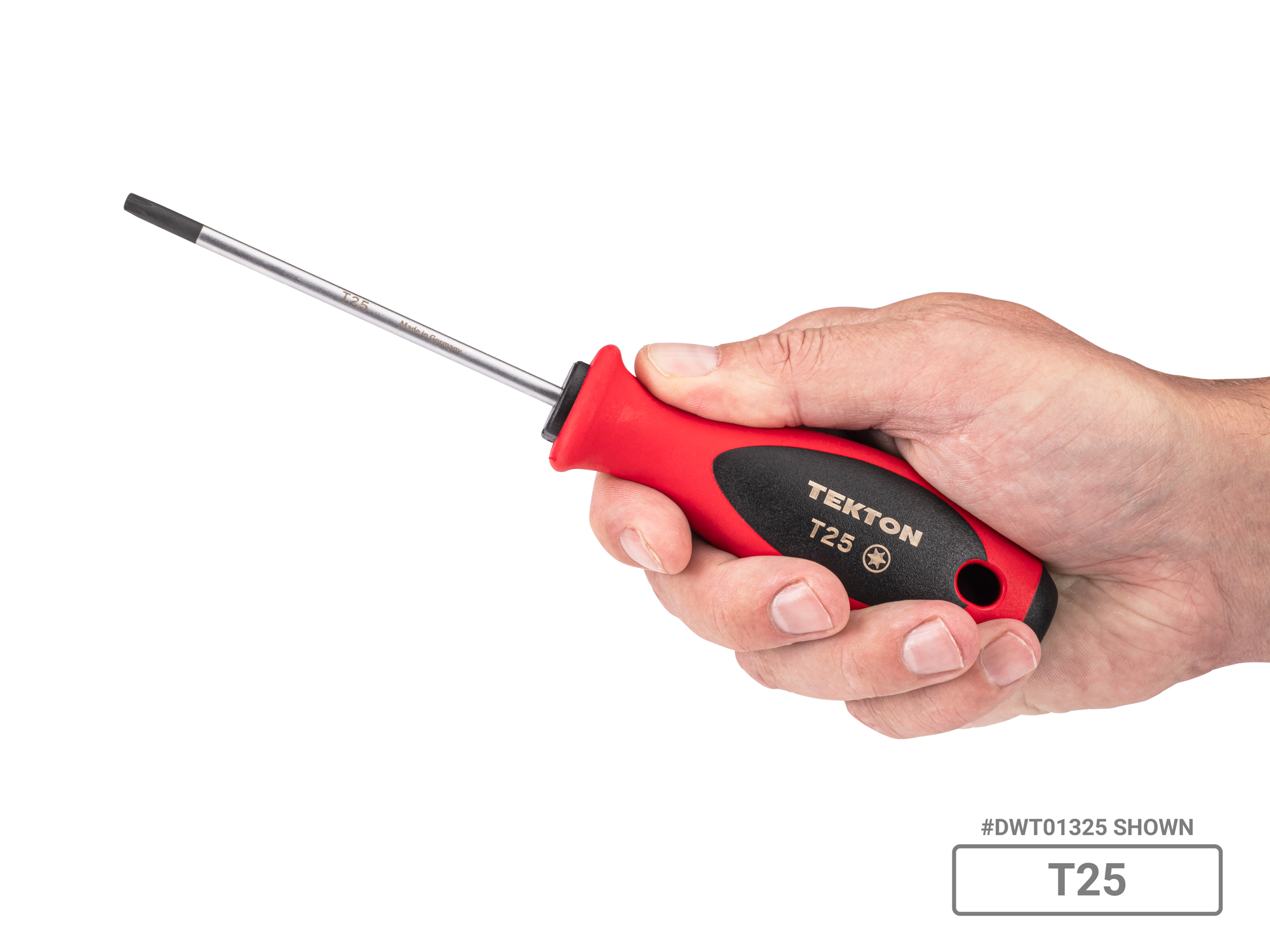 Person holding  Tekton 4 inch screwdriver set. Item #DWT90001