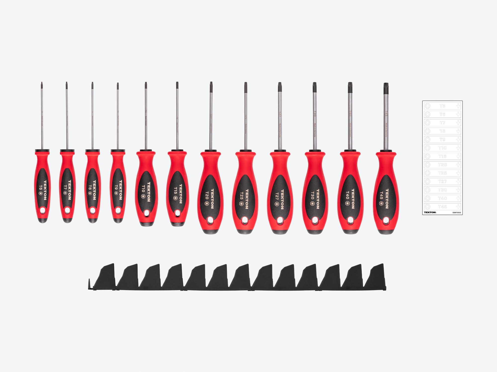 Laid out contents of Tekton black modular screwdriver set. Item #DWT90100