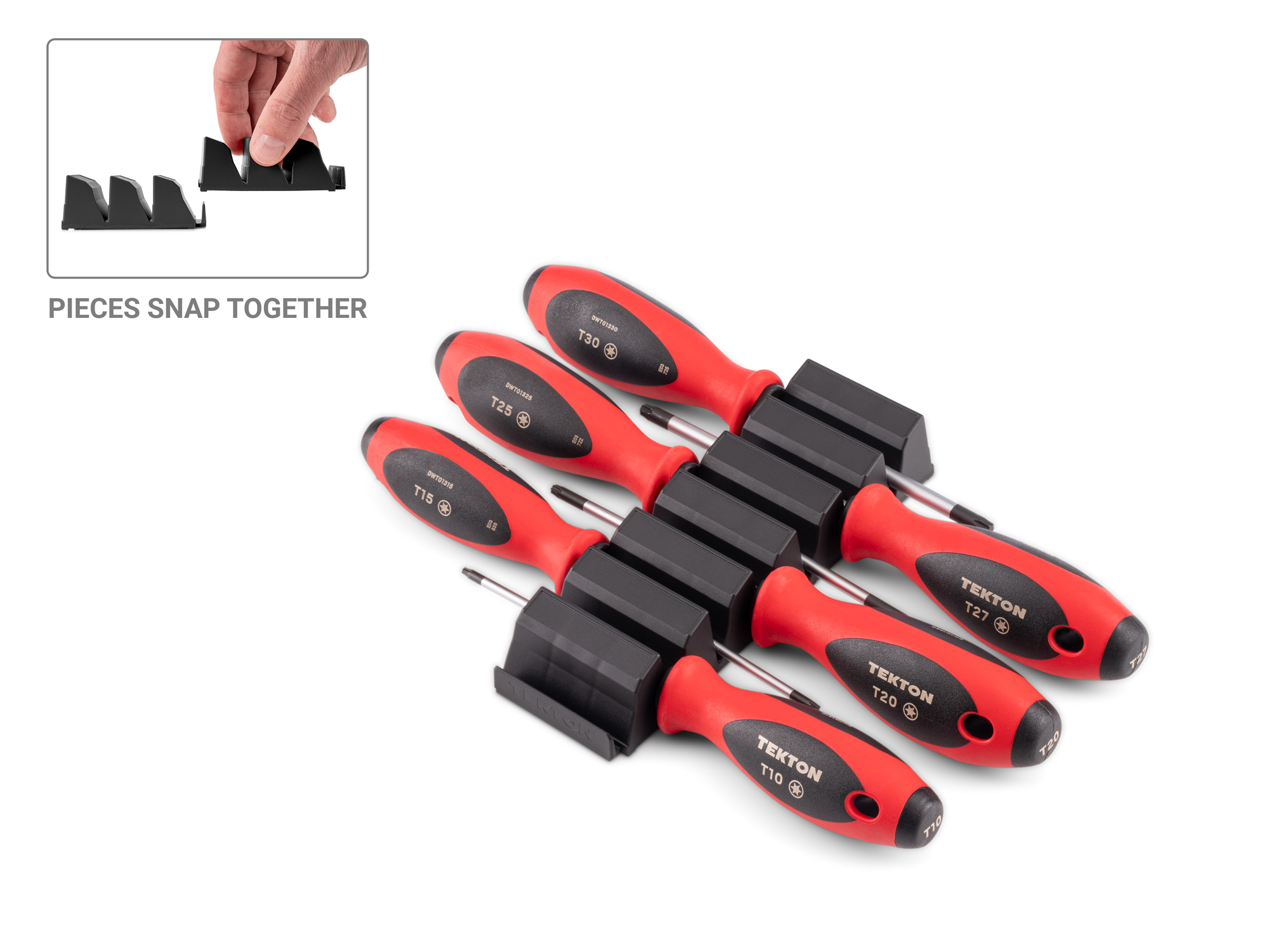 Front-right angle view of  Tekton 4 inch screwdriver set. Item #DWT90101