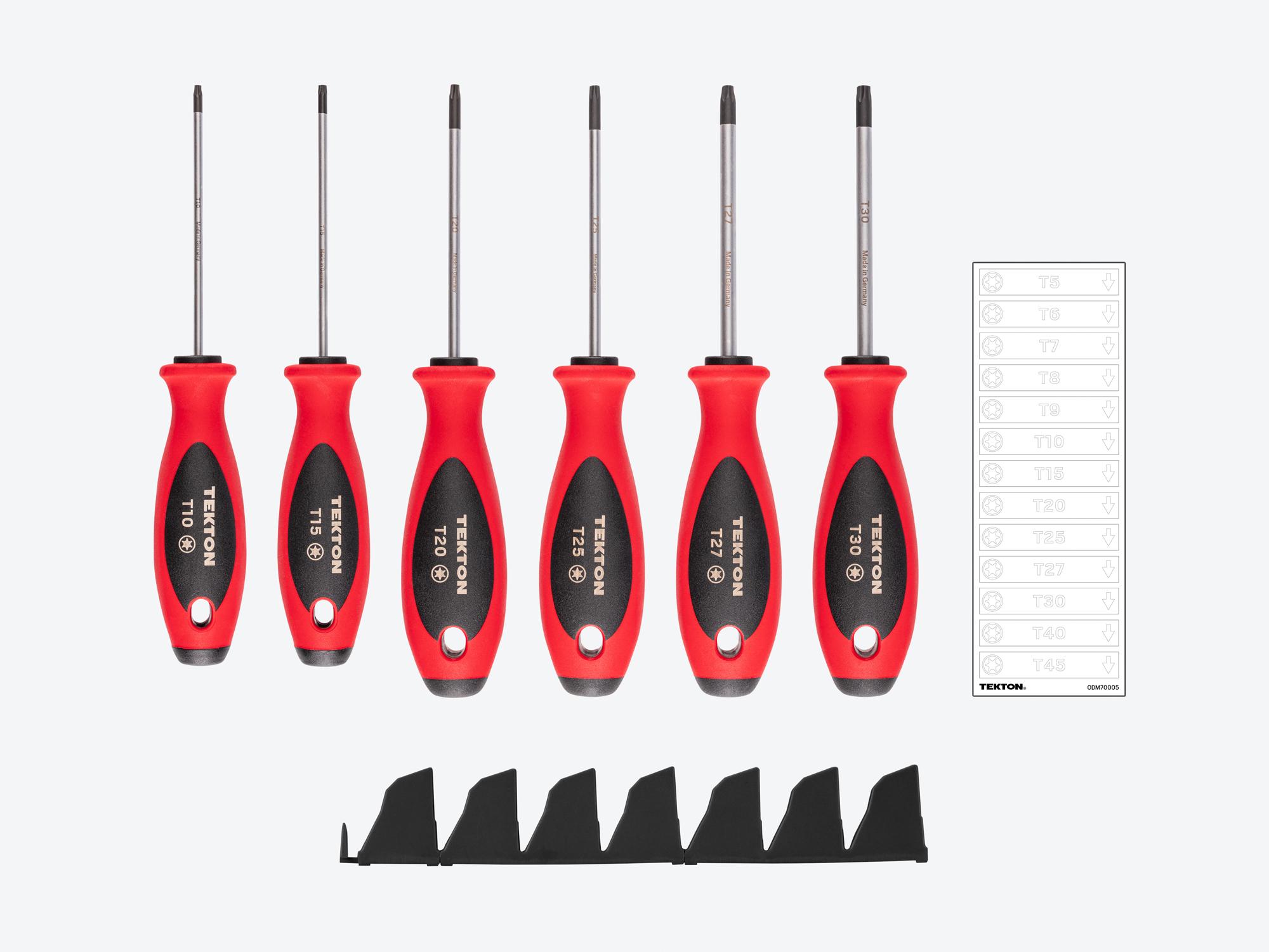 Laid out contents of Tekton black 4 inch screwdriver set. Item #DWT90101